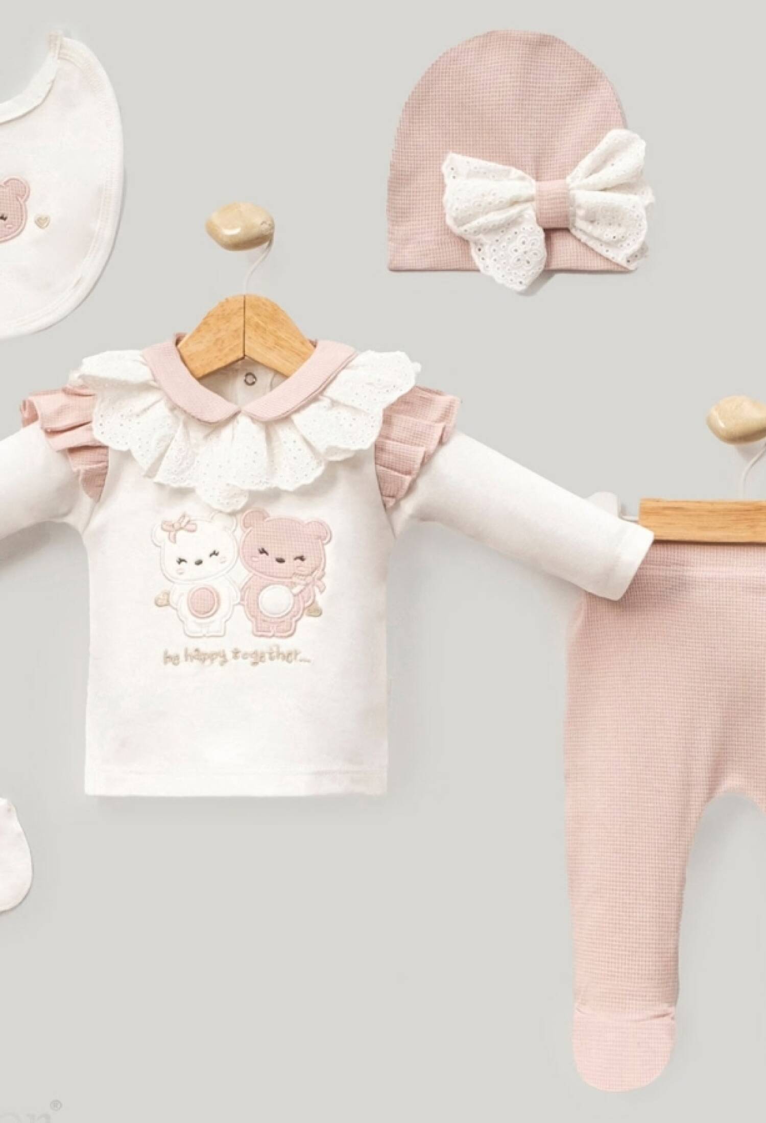 Ayıcık Nakışlı 5li Kız Hastane Çıkışı Zıbın Set - Brand: CAYZEN - Kids & Bby Clothes From Peralane Kids Turkey