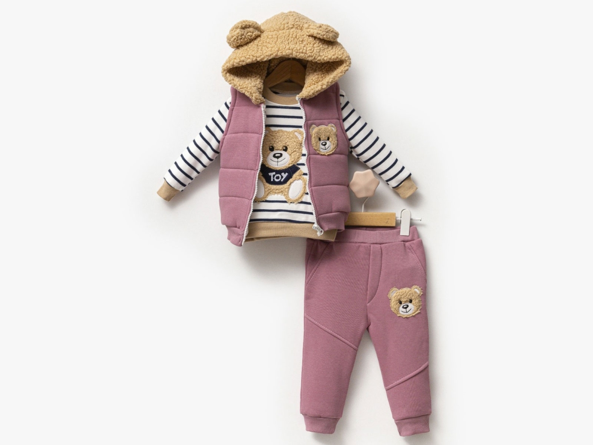 Ayıcık Nakışlı Yelekli Üçlü Unisex Takım – Brand: HİPPIL – Kids & Bby Clothes From Peralane Kids Turkey