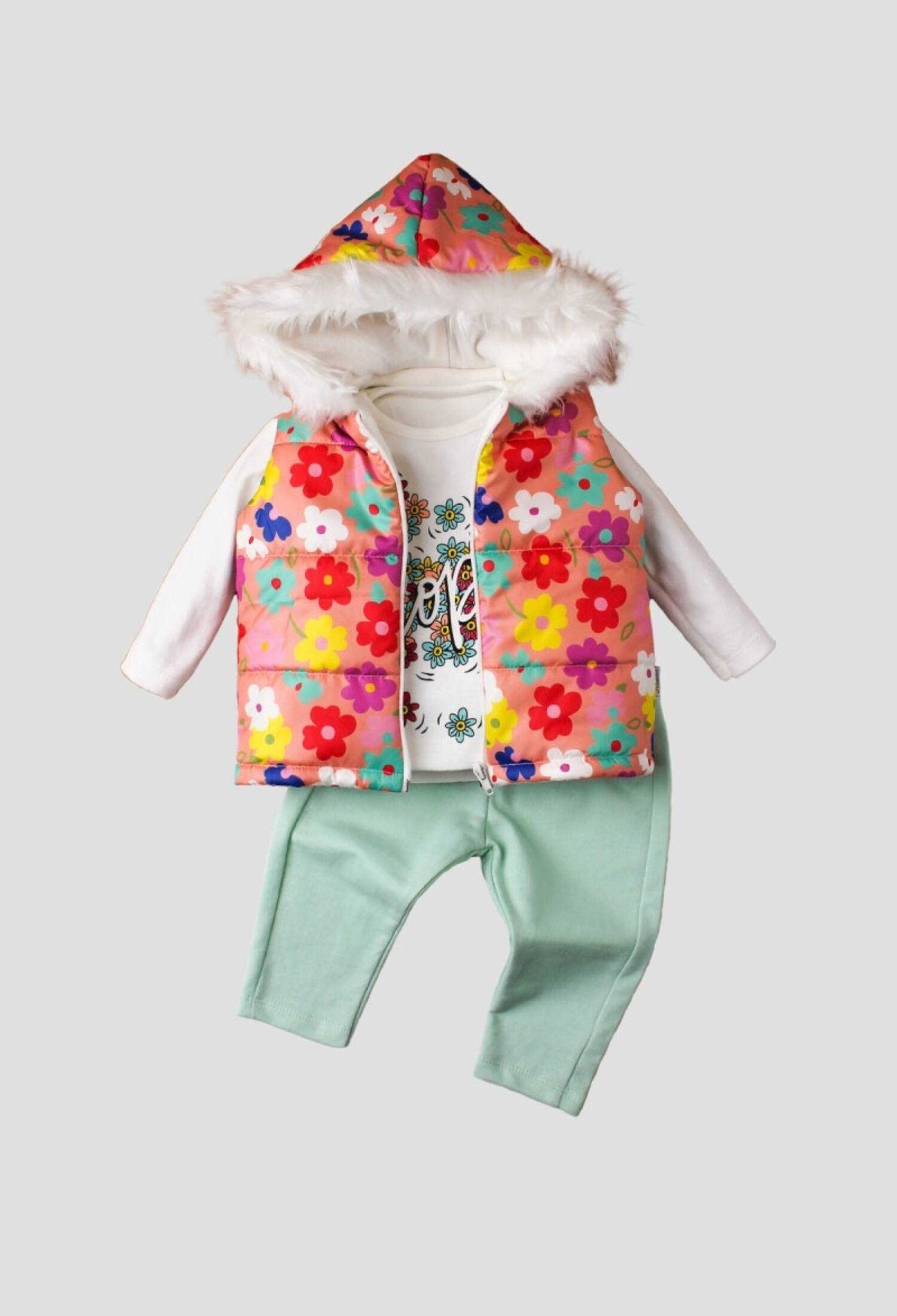 Çiçek Desenli Peluşlu Şişme Yelekli 3lü Takım 1026-90092 - 1026-90092 - Brand: Kidexs - Kids & Bby Clothes From Peralane Kids Turkey