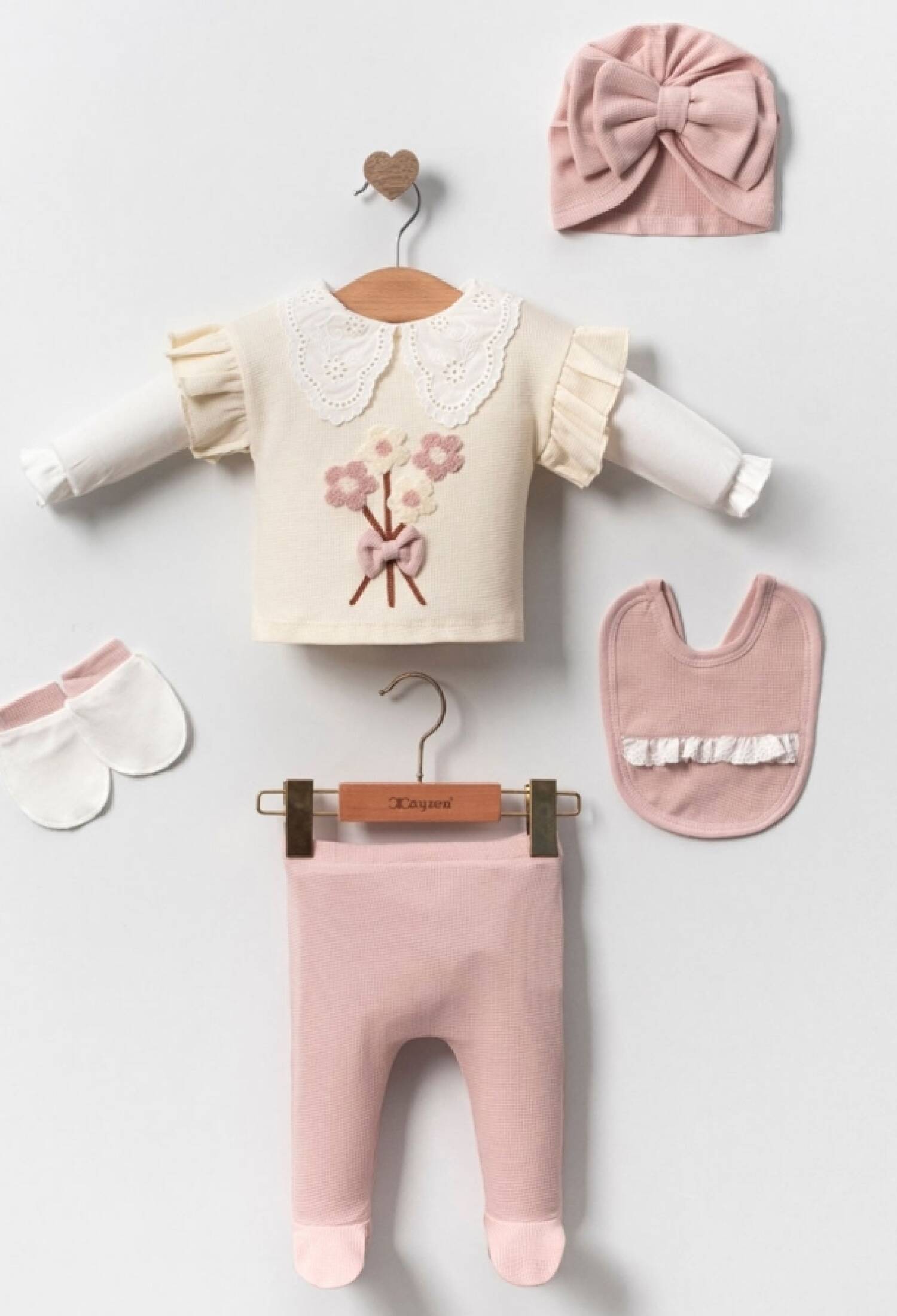 Dantel Yaka Çiçek Nakışlı 5li Kız Hastane Çıkışı Zıbın Set - Brand: CAYZEN - Kids & Bby Clothes From Peralane Kids Turkey