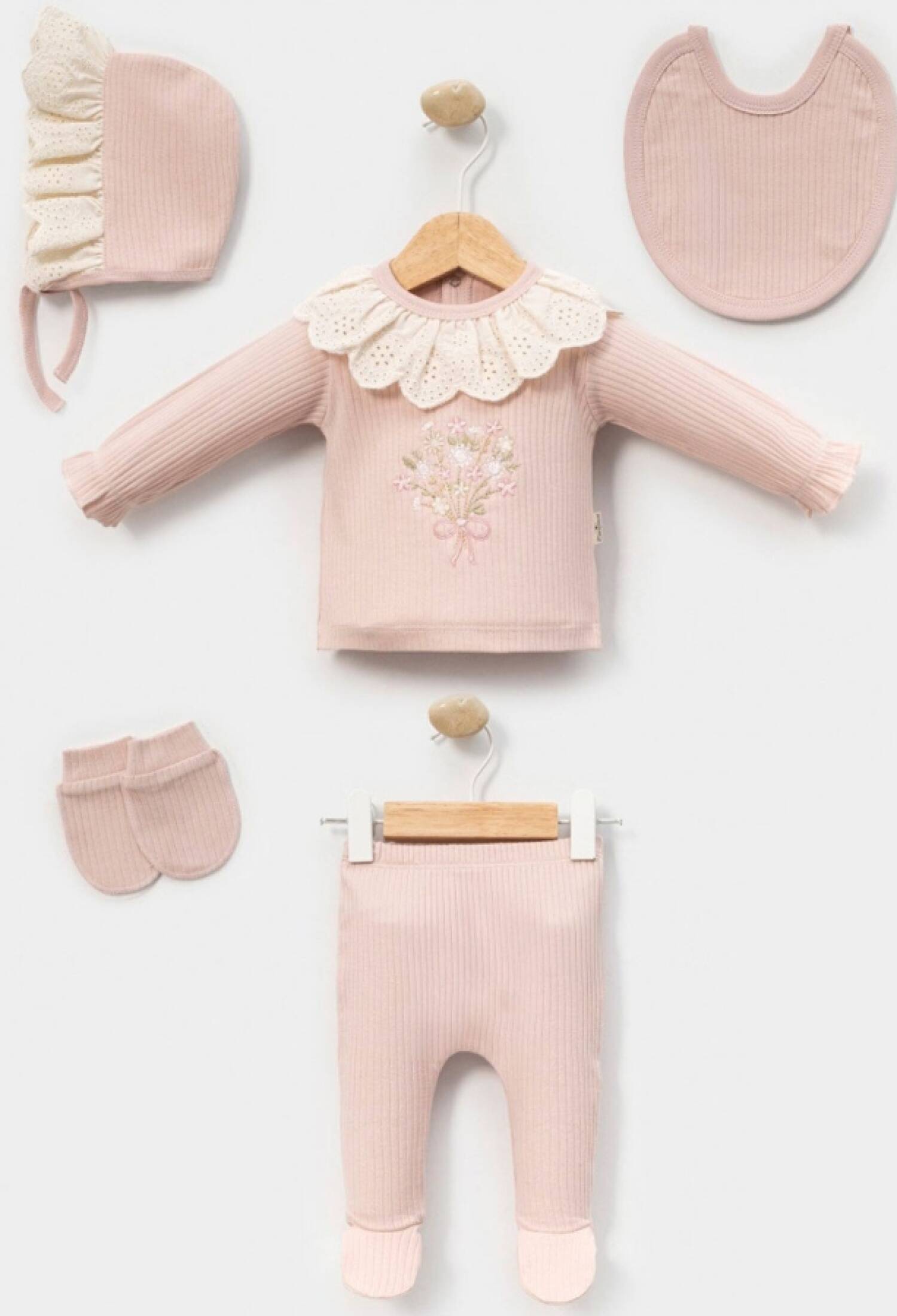 Dantel Yaka Çiçek Nakışlı 5li Kız Yenidoğan Zıbın Set - Brand: CAYZEN - Kids & Bby Clothes From Peralane Kids Turkey