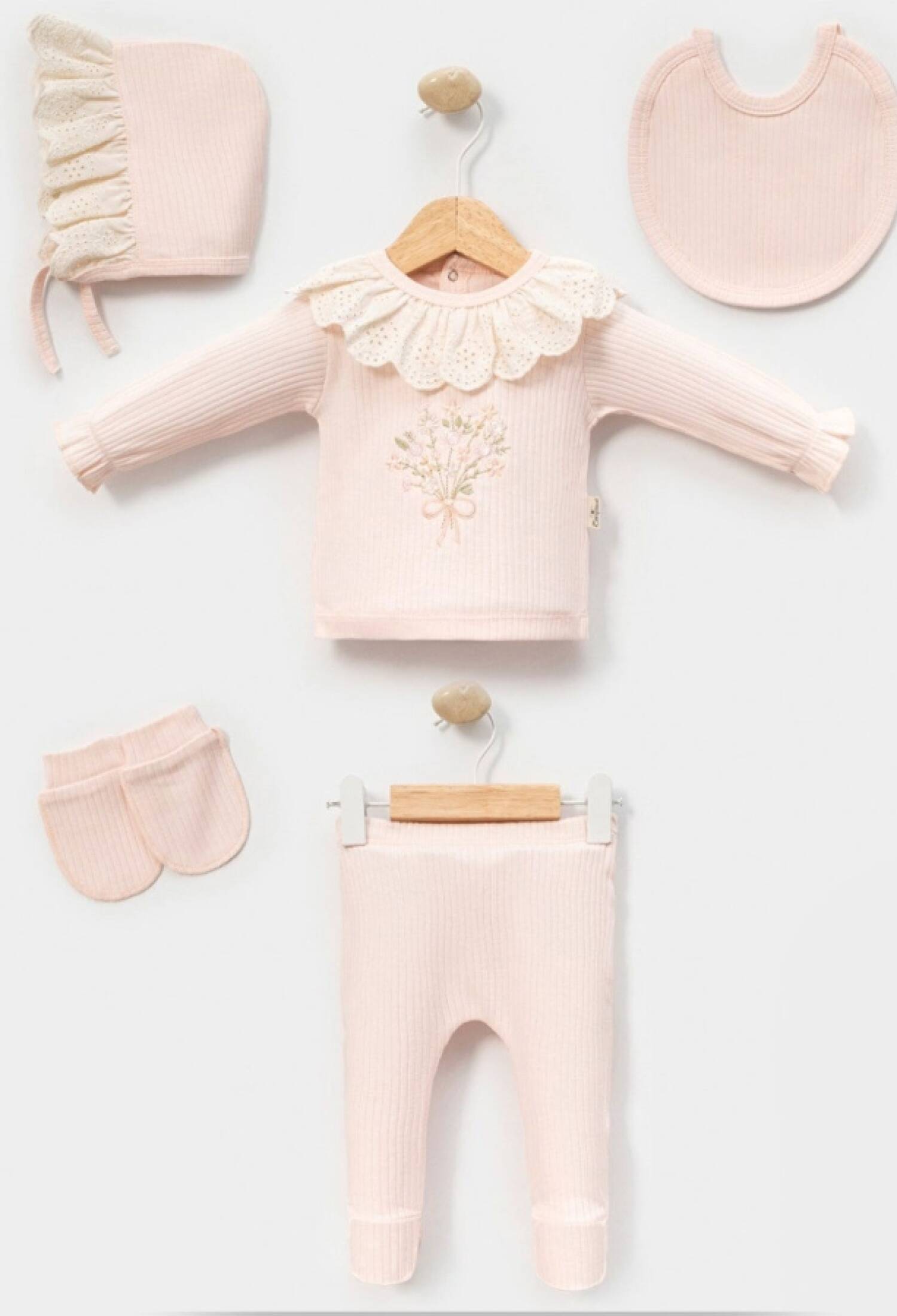 Dantel Yaka Çiçek Nakışlı 5li Kız Yenidoğan Zıbın Set - Brand: CAYZEN - Kids & Bby Clothes From Peralane Kids Turkey