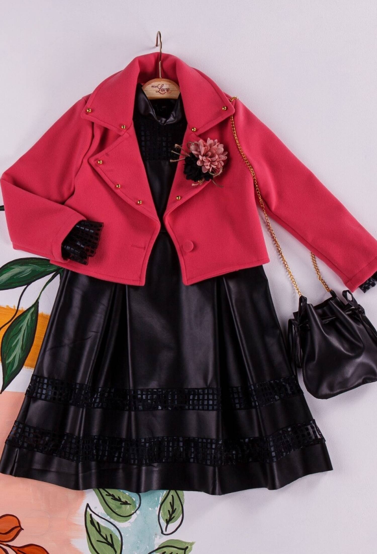 Kaşe Ceket Deri Elbise Çantalı Takım 1055-5220 - 1055-5220 - Brand: Miss Lore - Kids & Bby Clothes From Peralane Kids Turkey