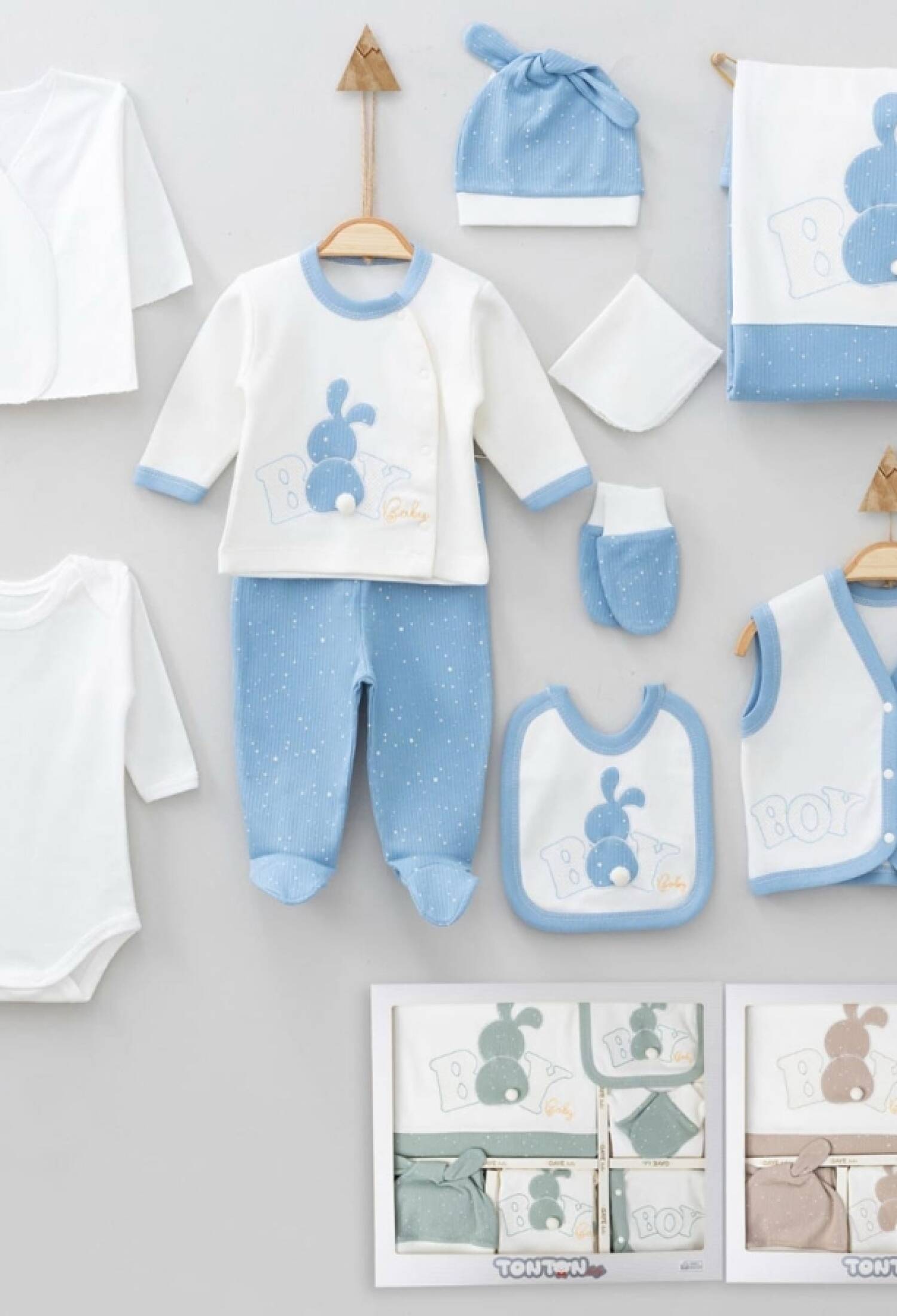 Tavşan Nakışlı 10lü Erkek Bebe Hastane Çıkışı Set - Brand: GAYE BEBE - Kids & Bby Clothes From Peralane Kids Turkey