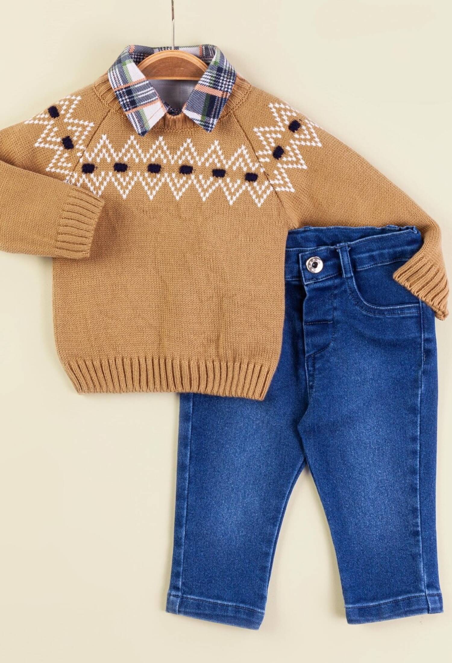 Toptan Bebek 3'lü Kazak Gömlek ve Kot Pantolon Takım 9-24M 2009-5157 - 2009-5157 - Brand: Babymuz - Kids & Bby Clothes From Peralane Kids Turkey