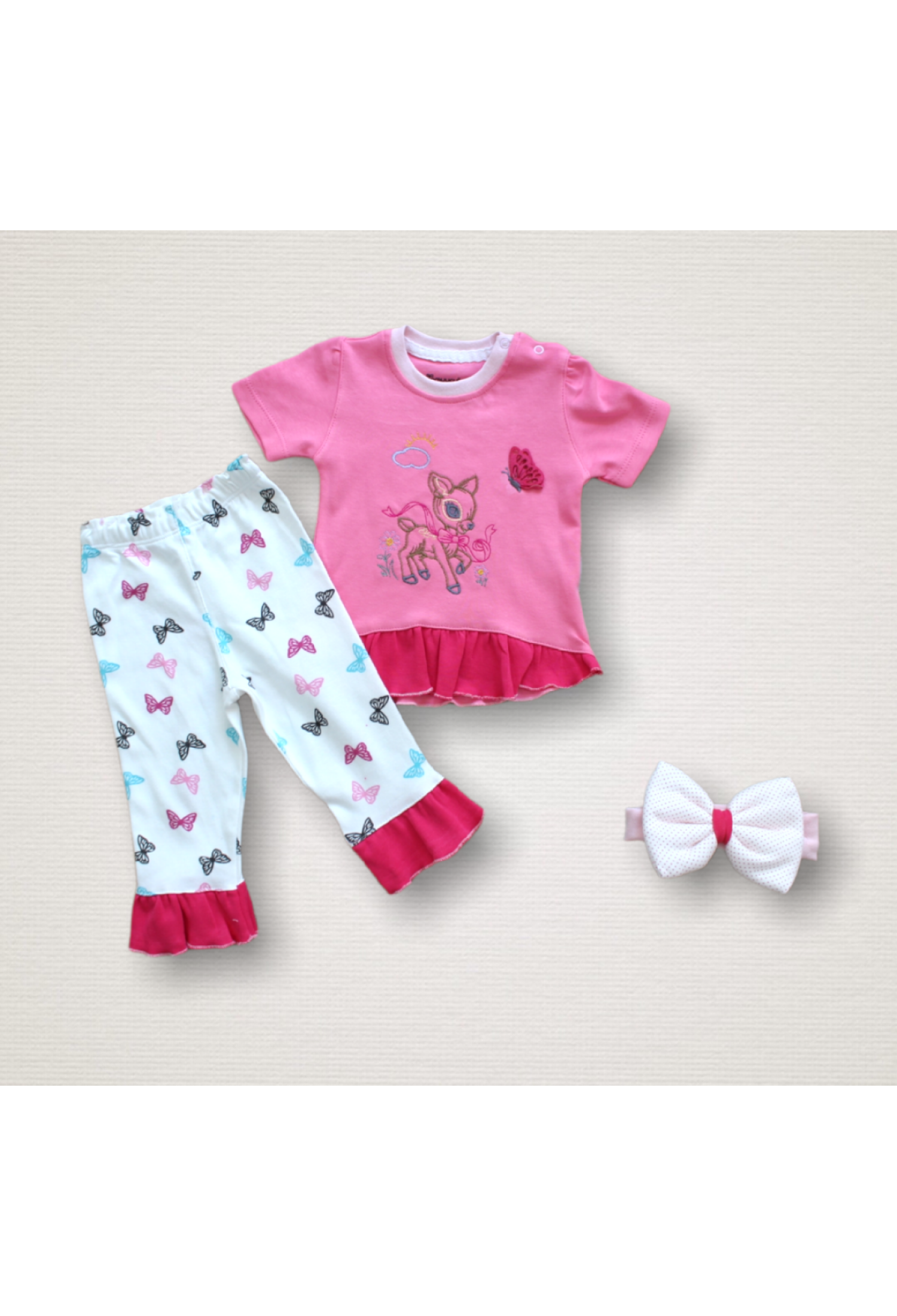 Toptan Kız Bebek 3'lü Tişört Kelebek Baskılı Pantolon ve Toka Takım 1-12M 1074-75541-01 - 1074-75541-01 - Brand: Tomuycuk - Kids & Bby Clothes From Peralane Kids Turkey
