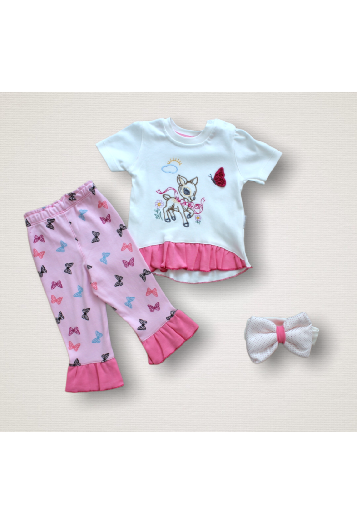 Toptan Kız Bebek 3'lü Tişört Kelebek Baskılı Pantolon ve Toka Takım 1-12M 1074-75541-01 - 1074-75541-01 - Brand: Tomuycuk - Kids & Bby Clothes From Peralane Kids Turkey