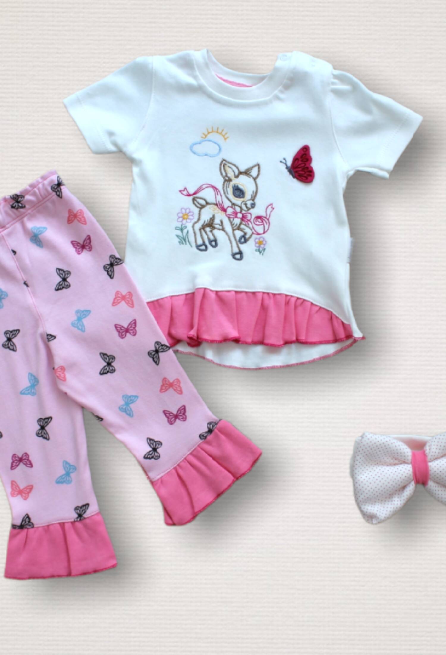 Toptan Kız Bebek 3'lü Tişört Kelebek Baskılı Pantolon ve Toka Takım 1-12M 1074-75541-01 - 1074-75541-01 - Brand: Tomuycuk - Kids & Bby Clothes From Peralane Kids Turkey
