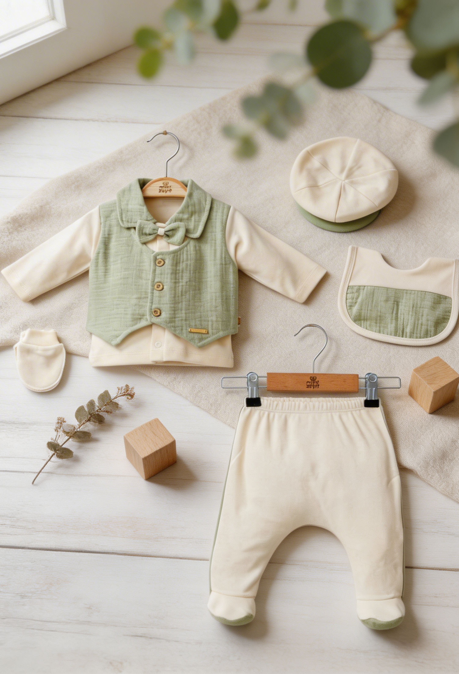 Wholesale Boys 5-Piece Newborn Bodysuit Pants Hat Bib and Gloves Set 0-3M Minizeyn 2014-7048 - 2014-7048