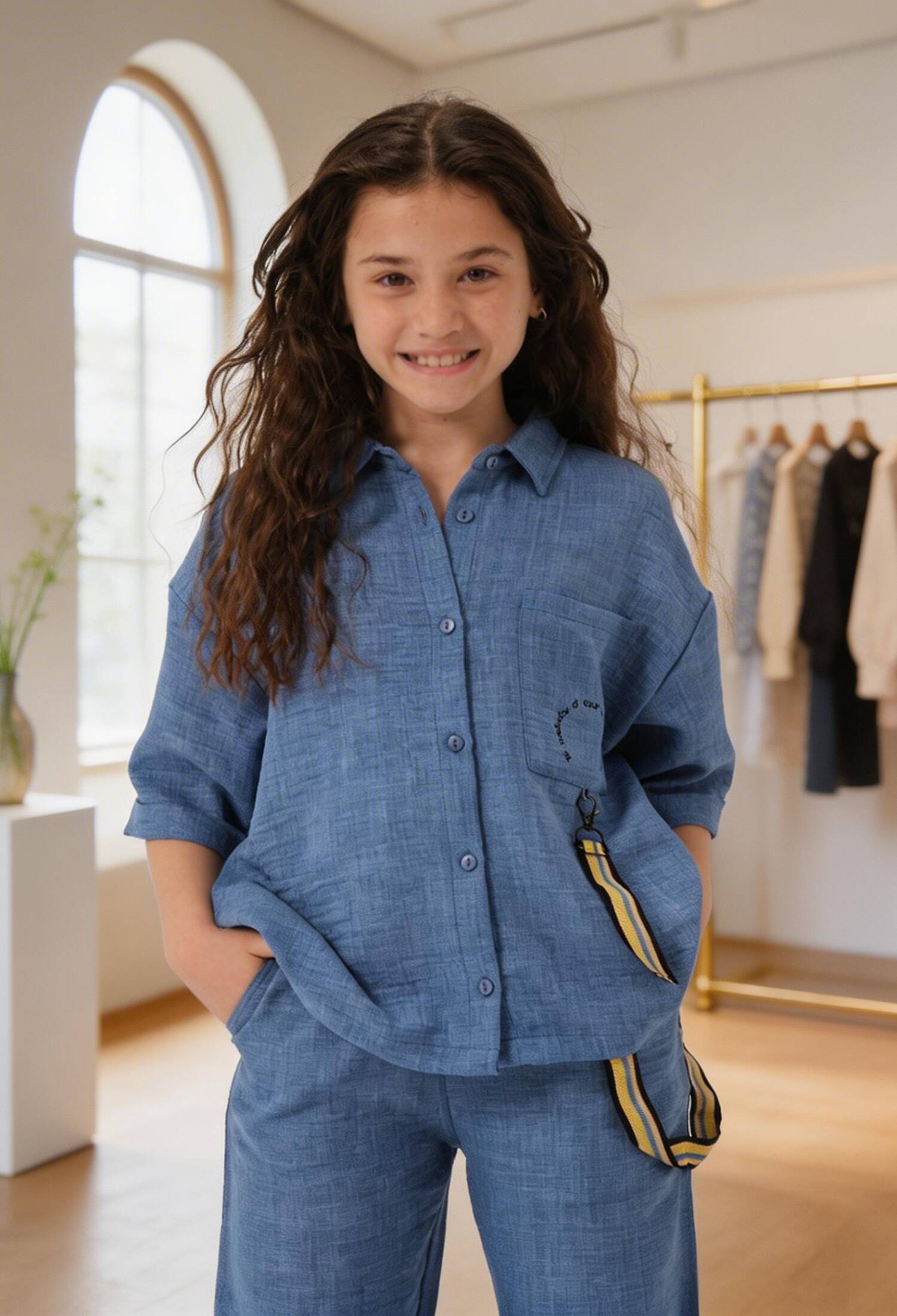 Wholesale Girls Accessory Detailed, Pocketed, Short Sleeve Shirt 8-15Y Jazziee 2051-241Z4ALS81 - 2051-241Z4ALS81