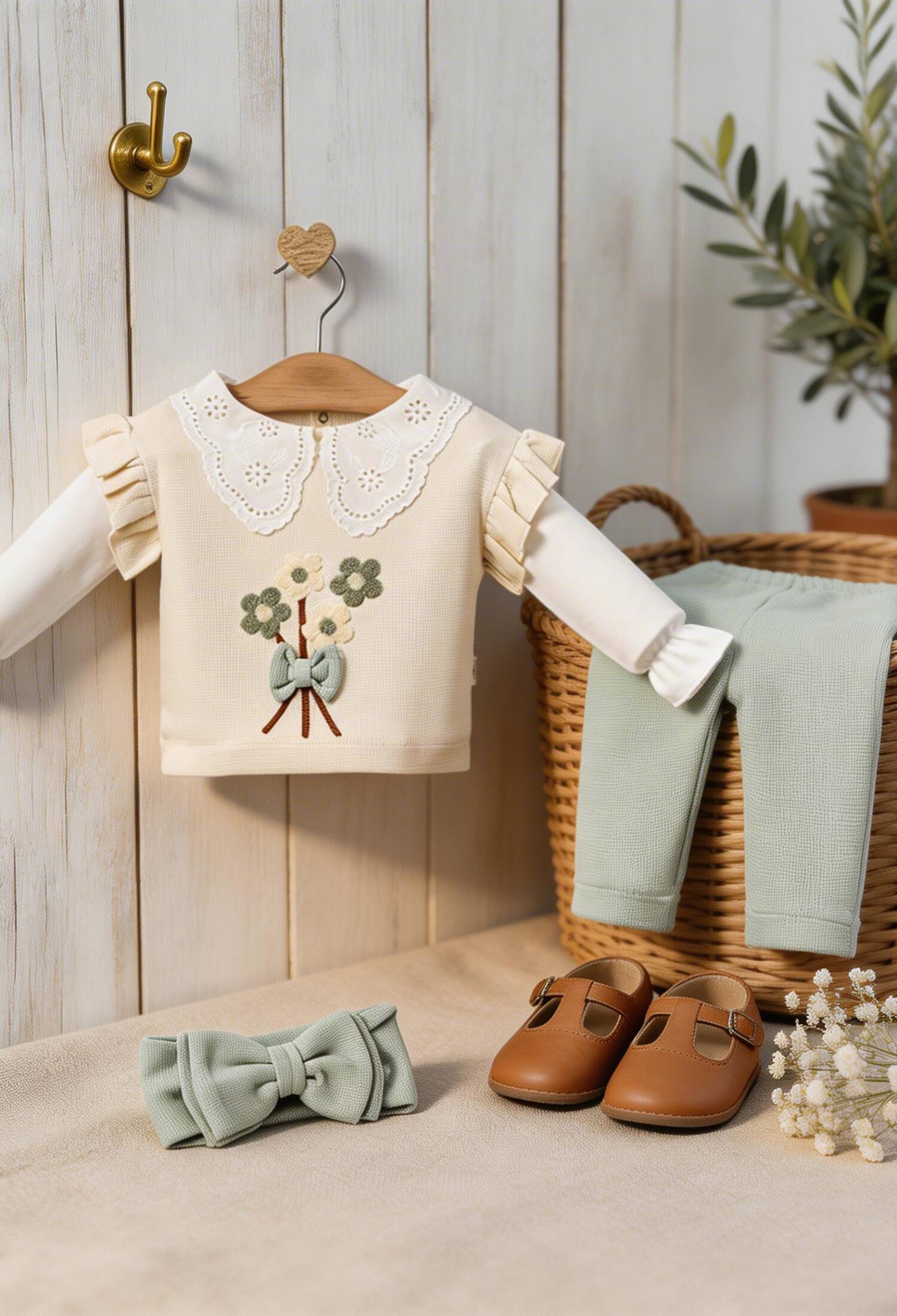 Girl Baby Set with Floral Embroidery Collar and Lace