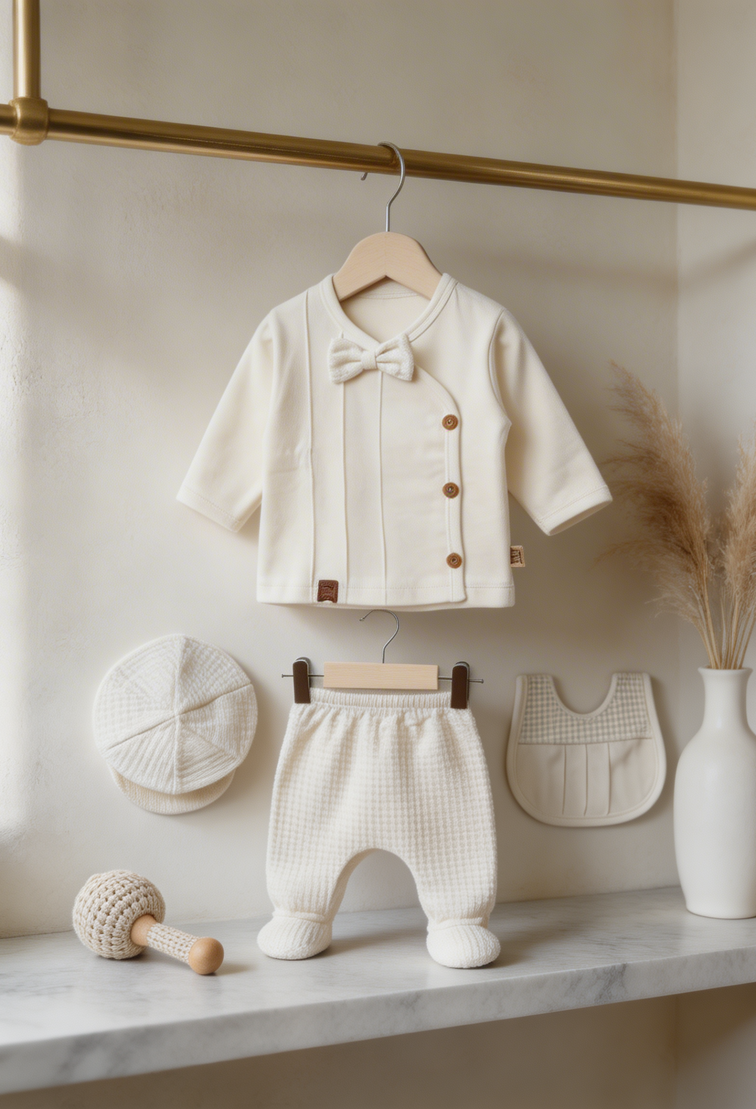 Ecru 6-Piece Baby Clothing Set with Bow Details - 10005