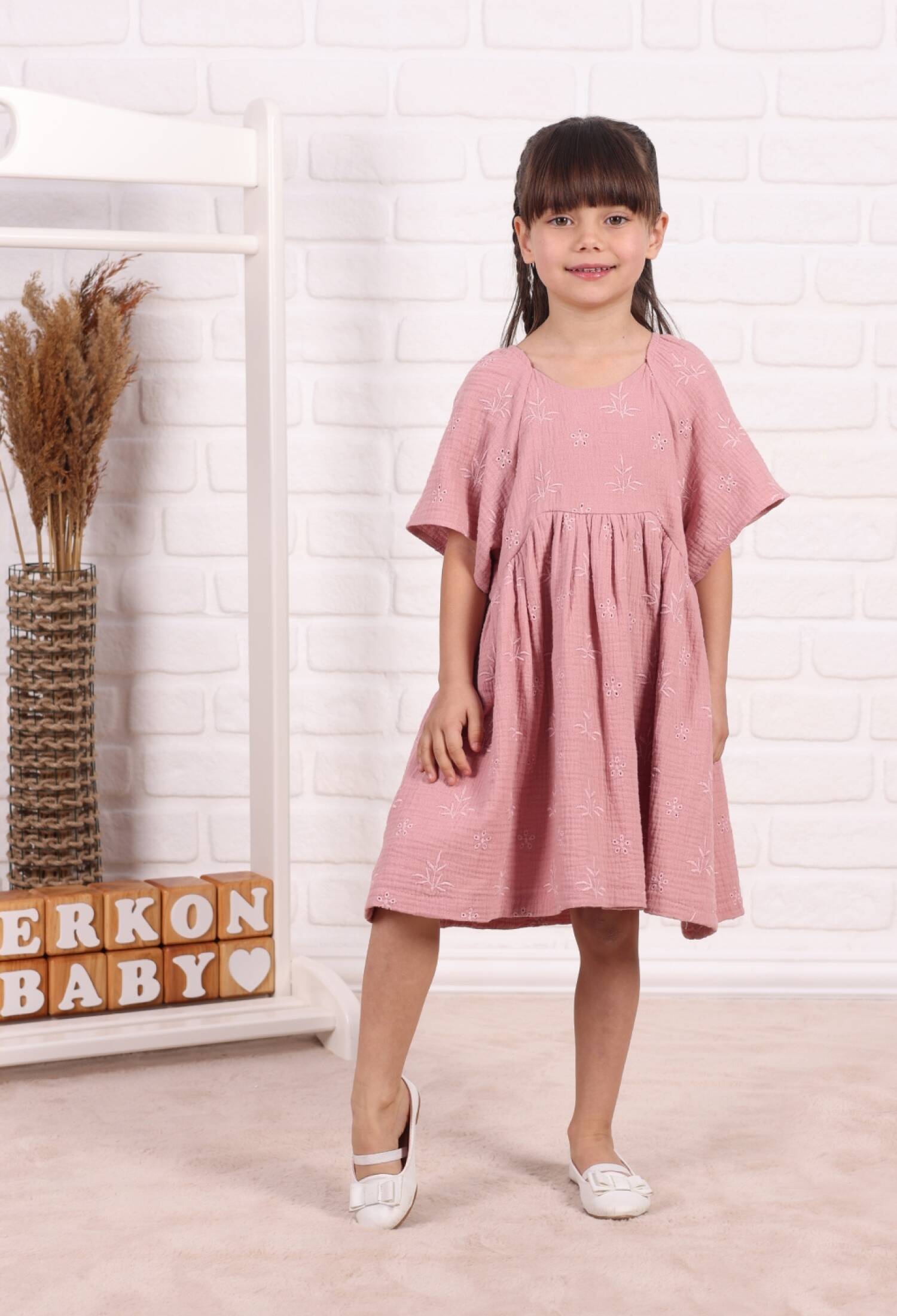 Brode Nakışlı Müslin Elbise - M0825 - Brand: Serkon Baby - Kids & Bby Clothes From Peralane Kids Turkey