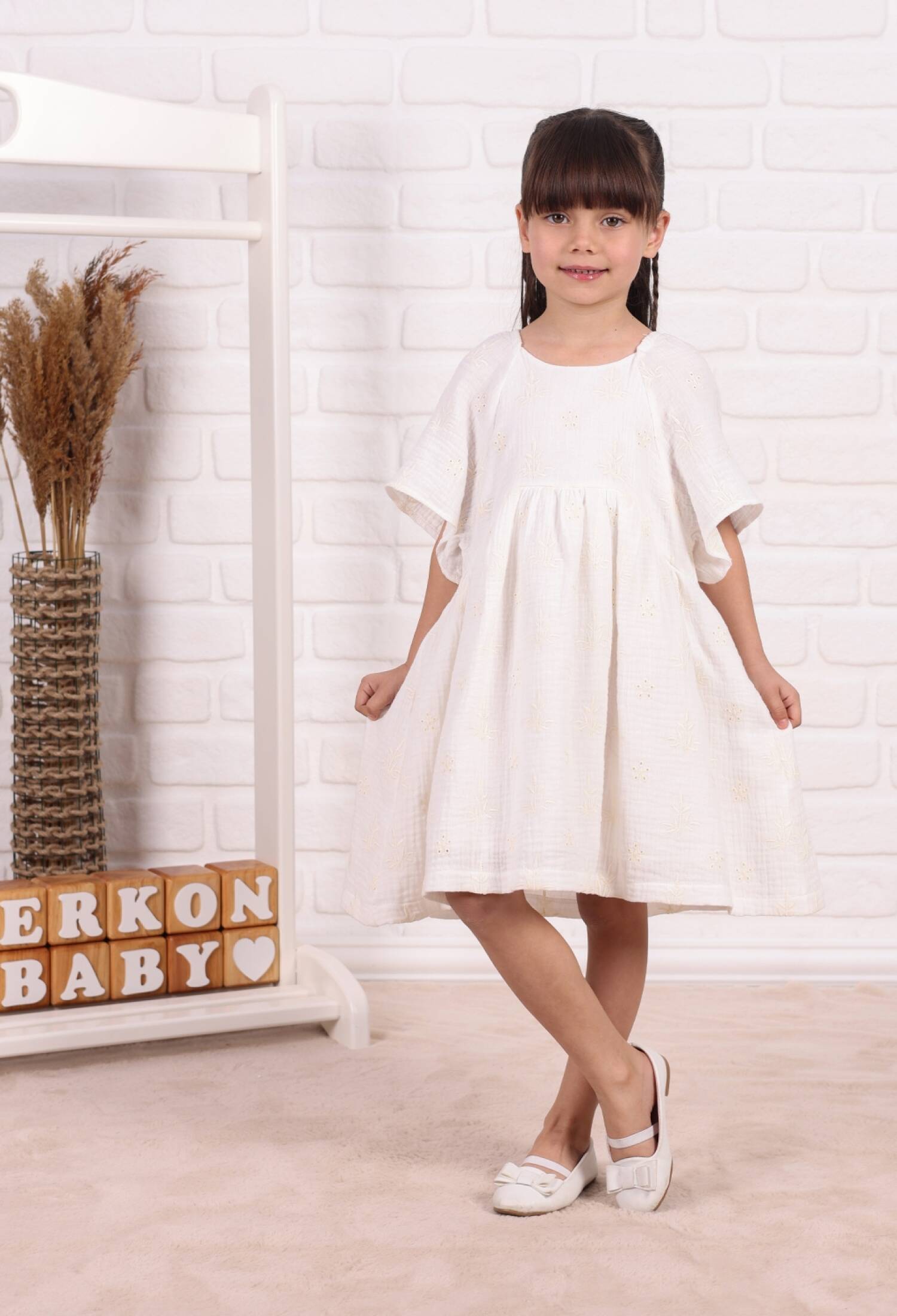 Brode Nakışlı Müslin Elbise - M0825 - Brand: Serkon Baby - Kids & Bby Clothes From Peralane Kids Turkey