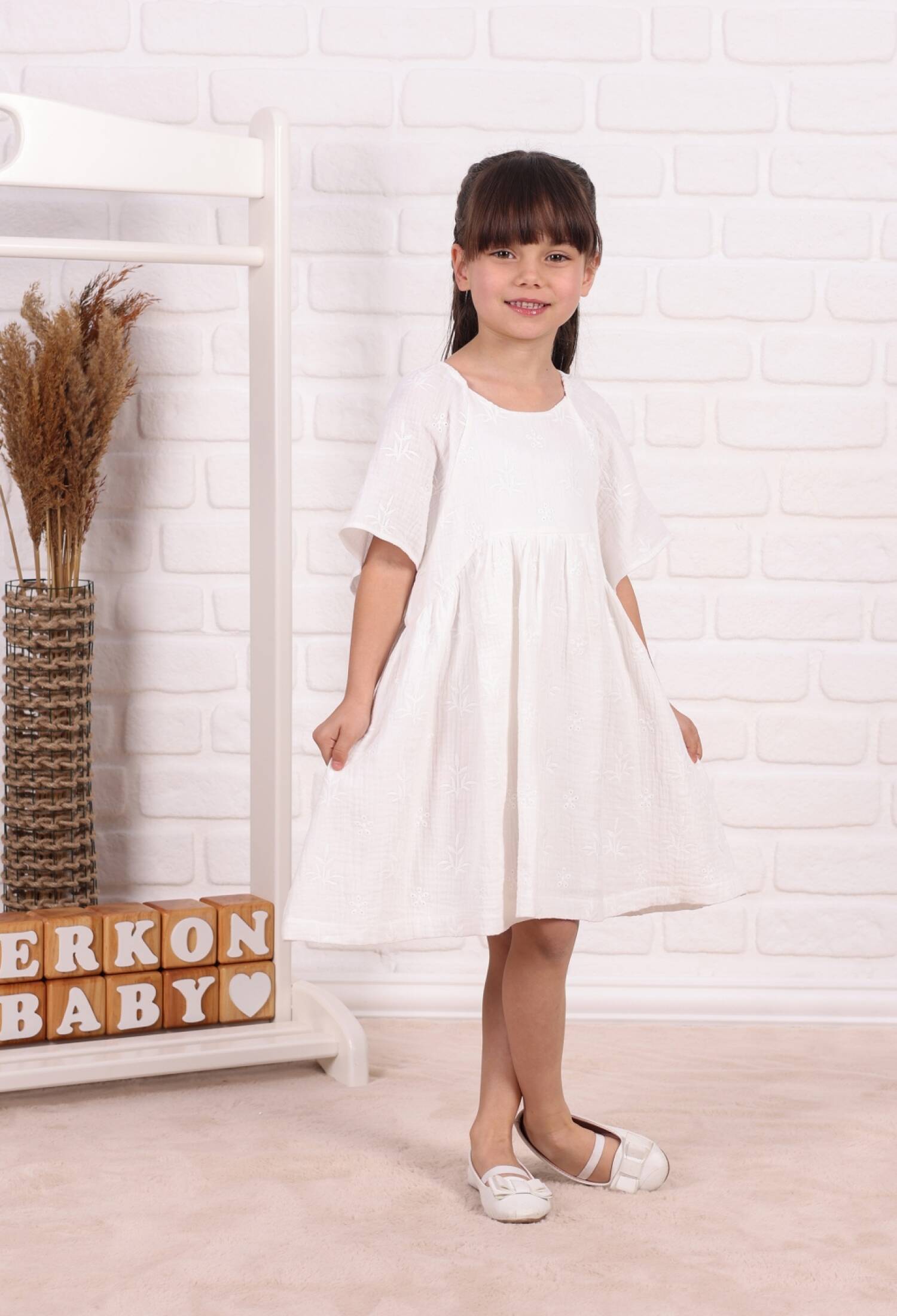 Brode Nakışlı Müslin Elbise - M0825 - Brand: Serkon Baby - Kids & Bby Clothes From Peralane Kids Turkey