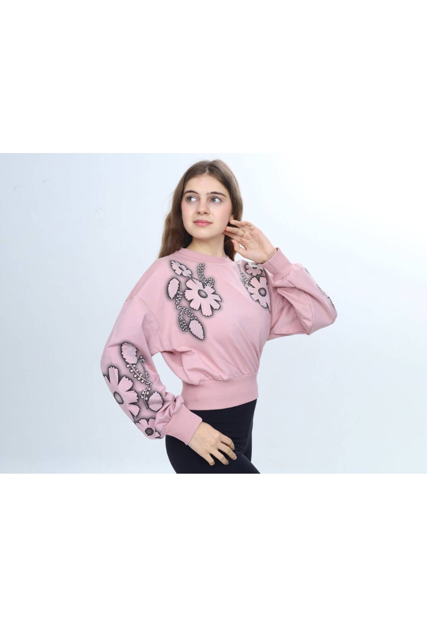 Çiçek Baskılı Taş İşlemeli Kız Sweat - Brand: VIZVIZ - Kids & Bby Clothes From Peralane Kids Turkey