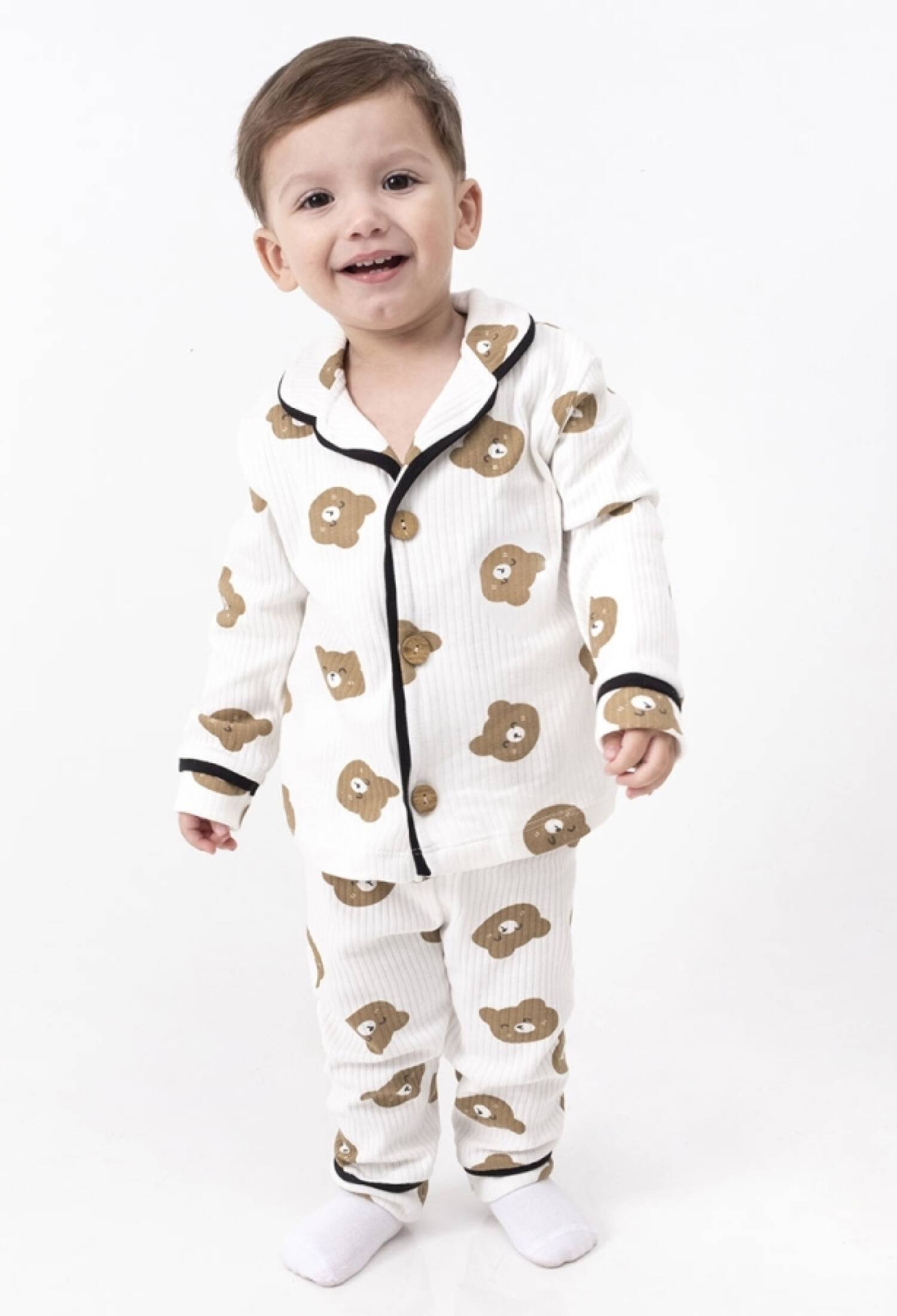 Ayıcık Desenli Raporlu Yakalı Düğmeli Erkek Pijama Takım - Brand: DOLAŞ - Kids & Bby Clothes From Peralane Kids Turkey
