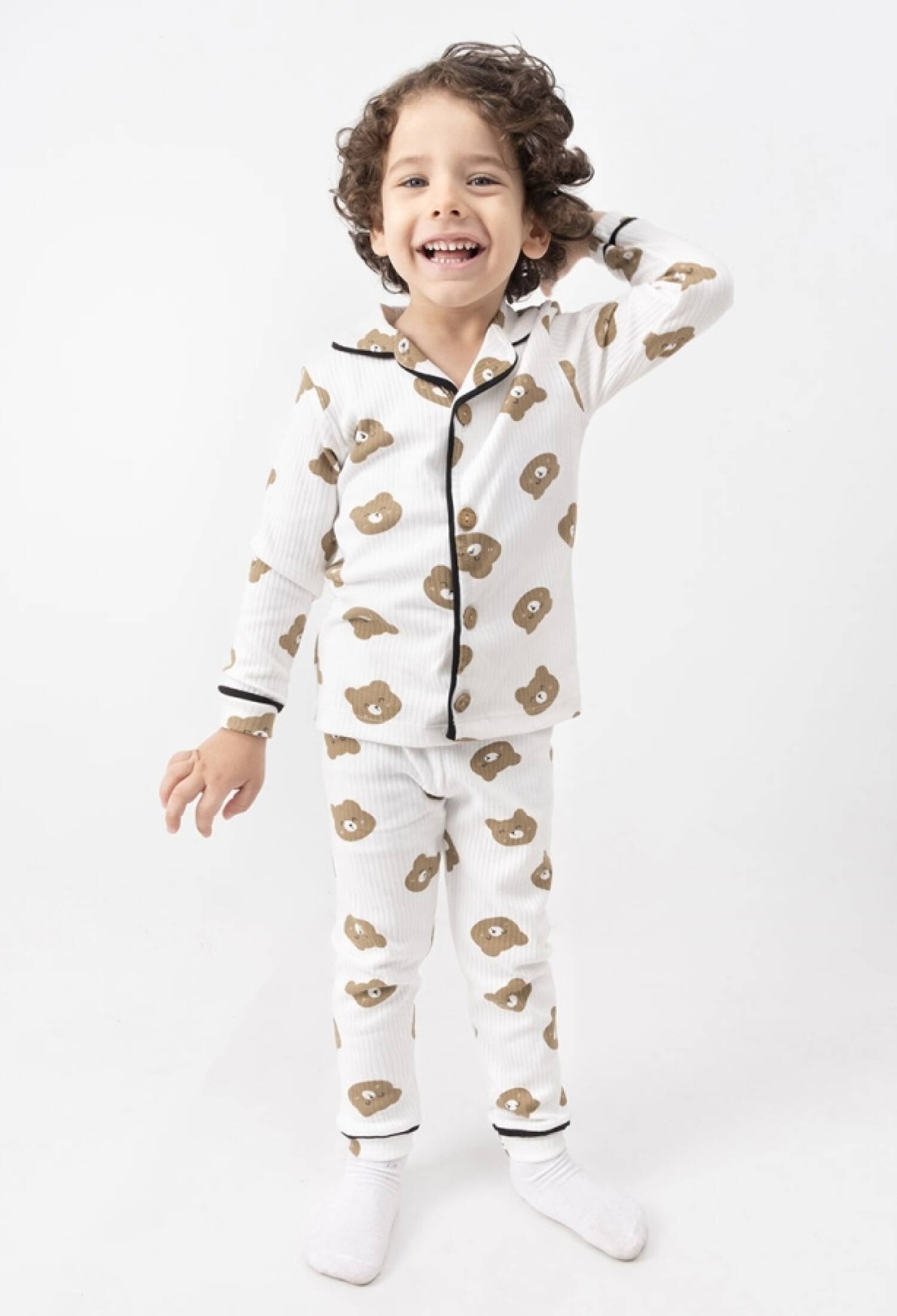 Ayıcık Desenli Raporlu Yakalı Düğmeli Erkek Pijama Takım - Brand: DOLAŞ - Kids & Bby Clothes From Peralane Kids Turkey