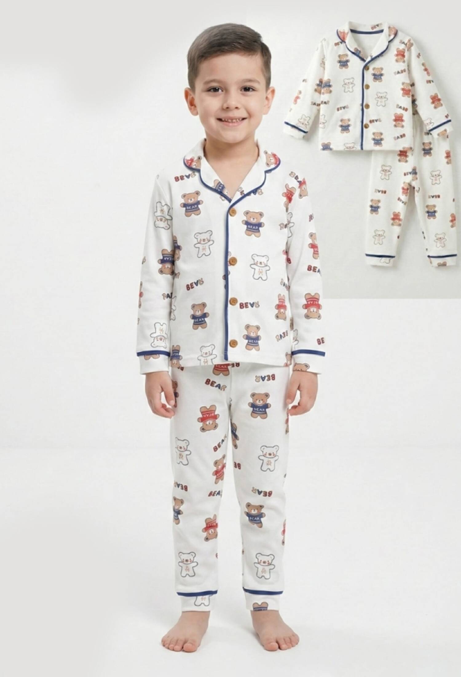 Ayıcık Desenli Yakalı Erkek Pijama Takım - Brand: DOLAŞ - Kids & Bby Clothes From Peralane Kids Turkey
