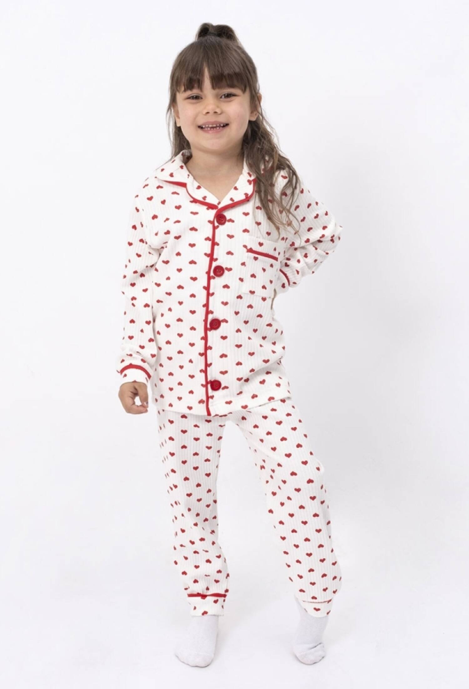 Kalp Desenli Yakalı Raporlu Düğmeli Kız Pijama Takım - Brand: DOLAŞ - Kids & Bby Clothes From Peralane Kids Turkey
