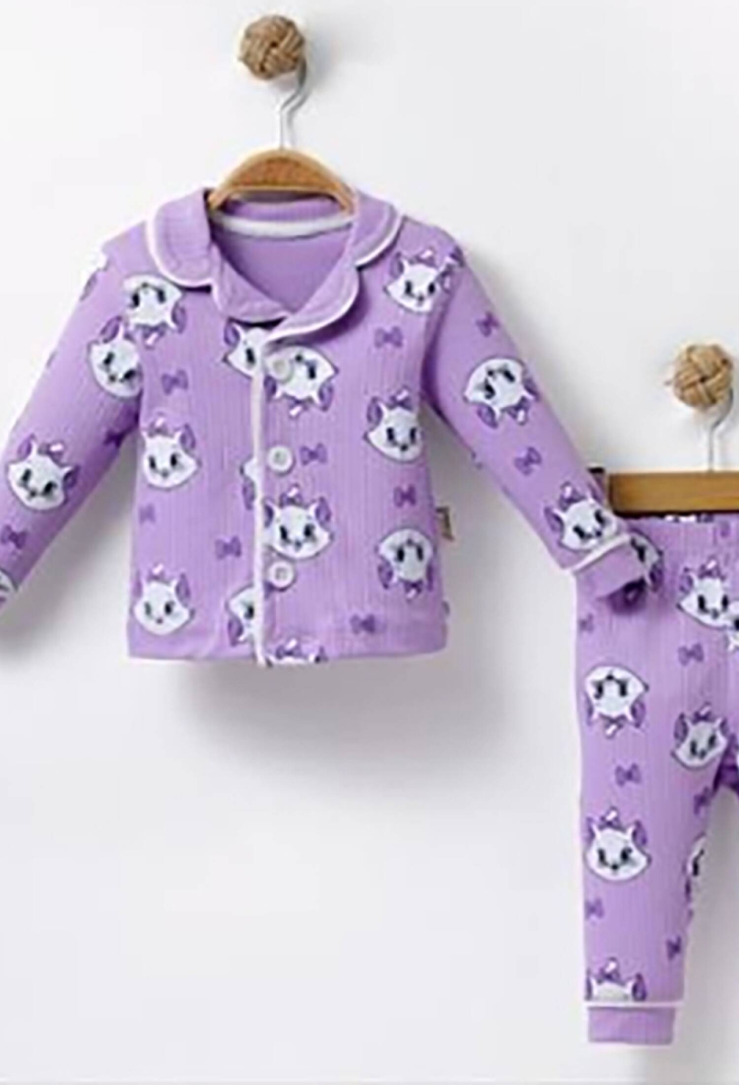 Kedi Desenli Yakalı Düğmeli Kız Pijama Takım - Brand: DOLAŞ - Kids & Bby Clothes From Peralane Kids Turkey