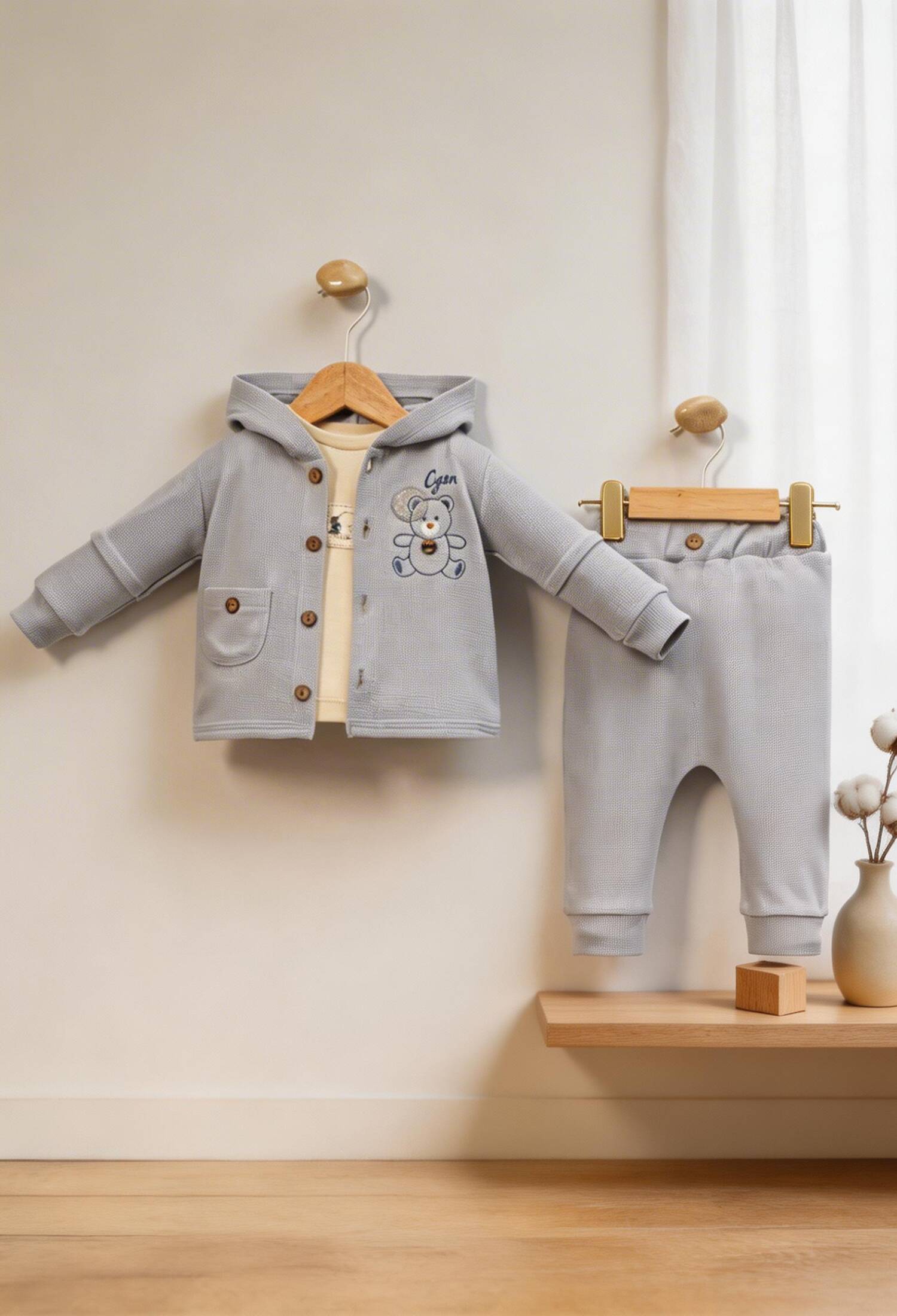Teddy Bear Print Three-Piece Baby Boy Set