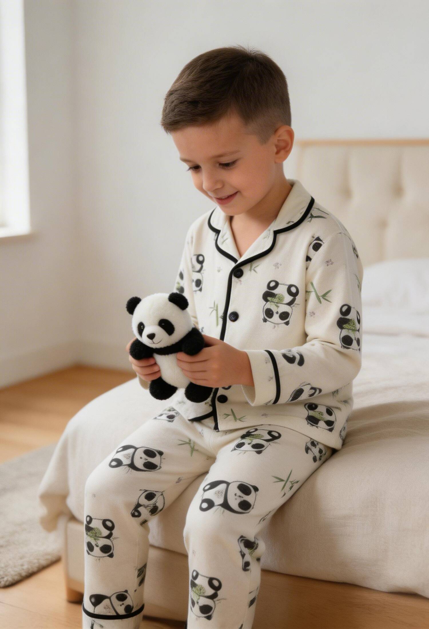 Men's Pajama Set with Panda Print Collar and Buttons