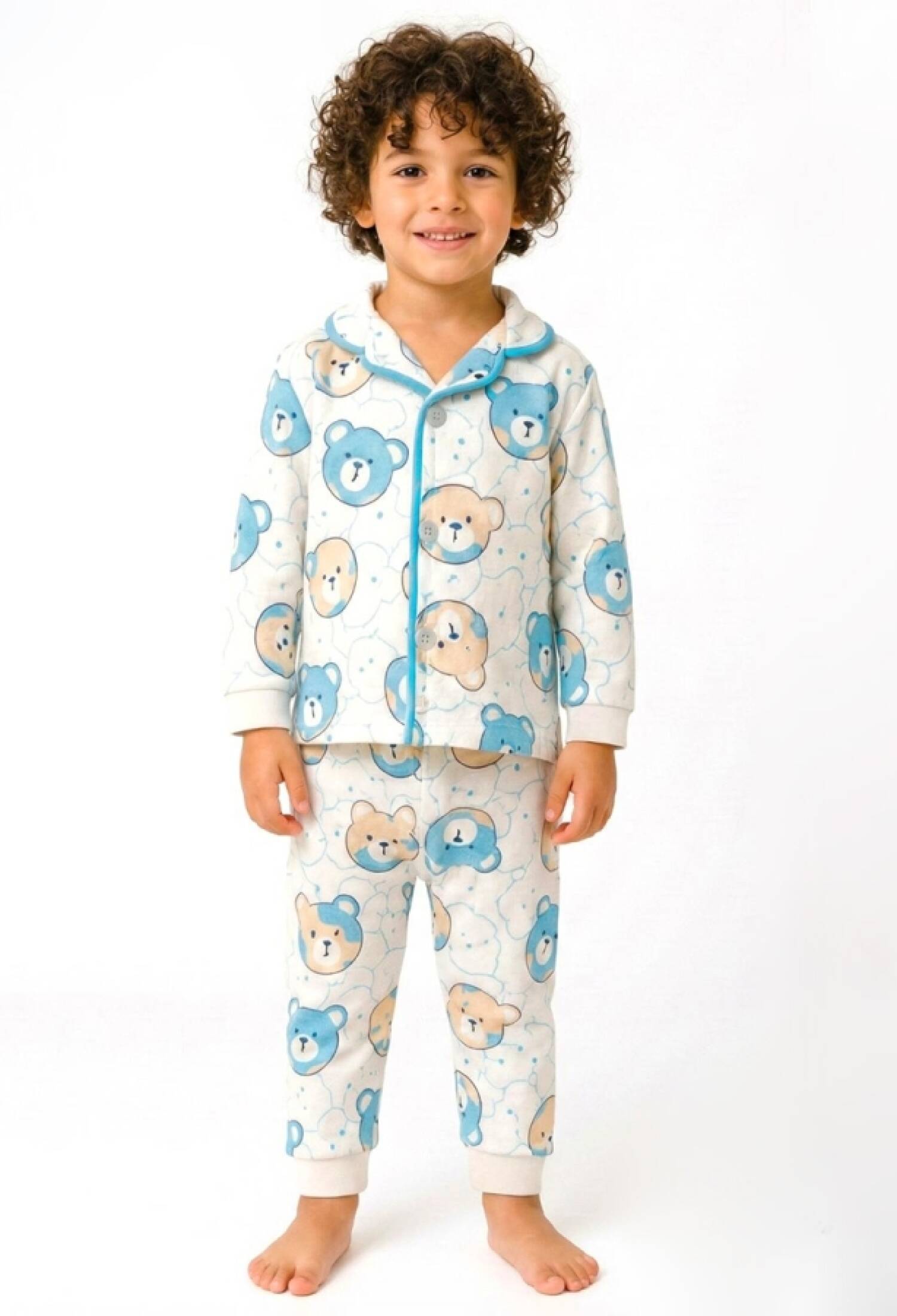 Ayıcık Desenli Yakalı Düğmeli Erkek Pijama Takım - Brand: DOLAŞ - Kids & Bby Clothes From Peralane Kids Turkey