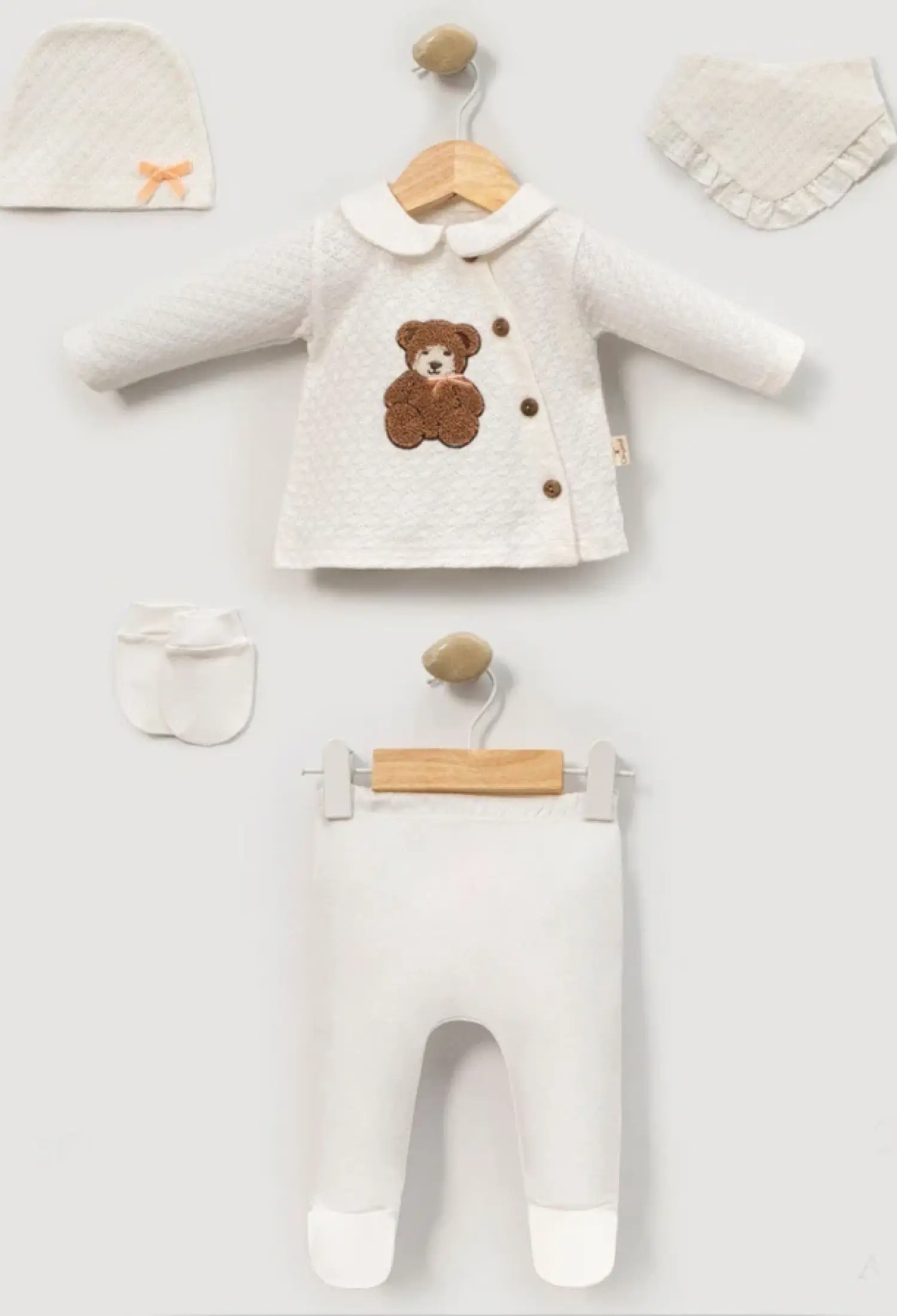 Ayıcık Nakışlı 5li Unisex Hastane Çıkışı Zıbın Set - Brand: CAYZEN - Kids & Bby Clothes From Peralane Kids Turkey