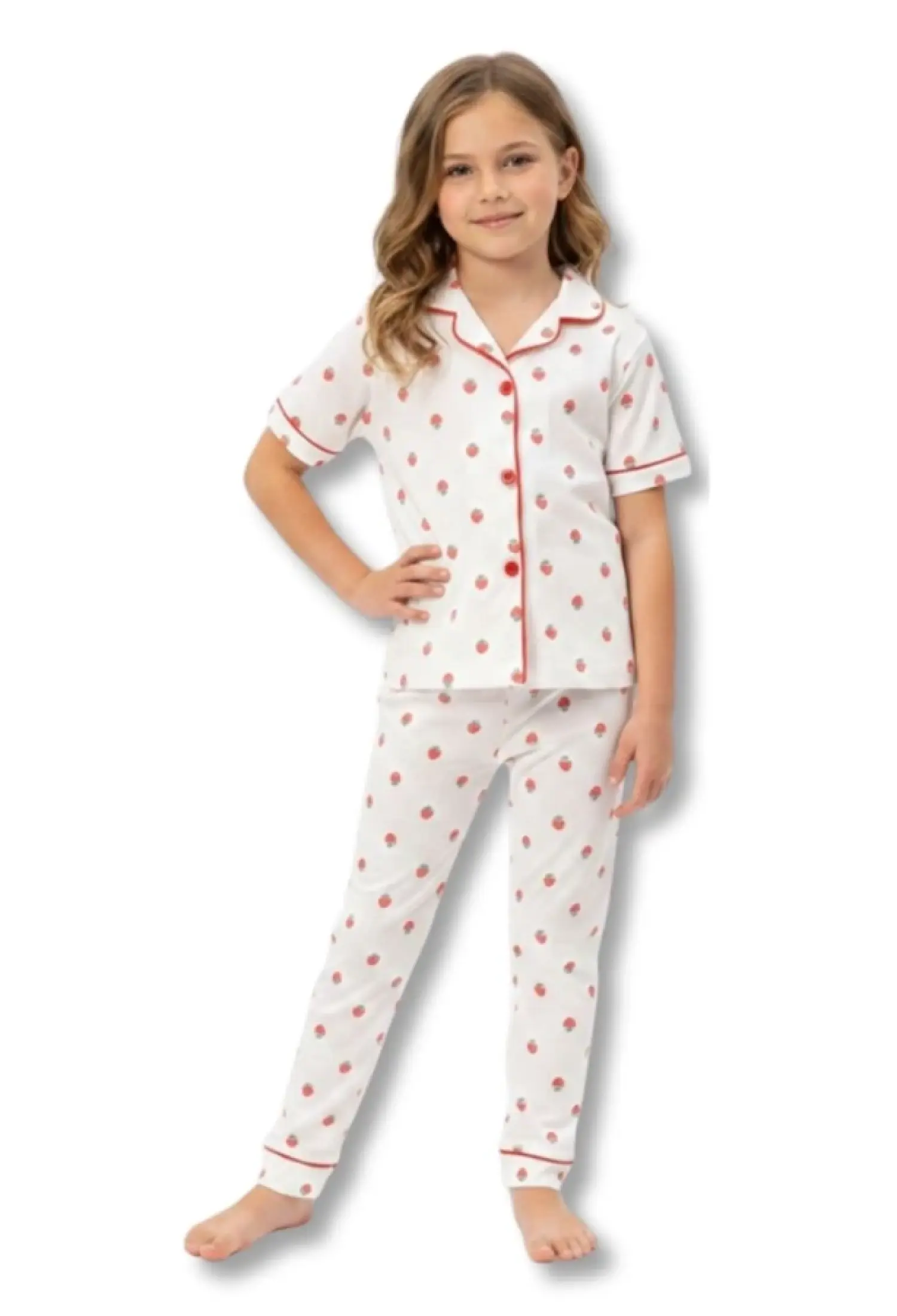 Çilek Desenli Yakalı Düğmeli Kız Pijama Takım - Brand: DOLAŞ - Kids & Bby Clothes From Peralane Kids Turkey