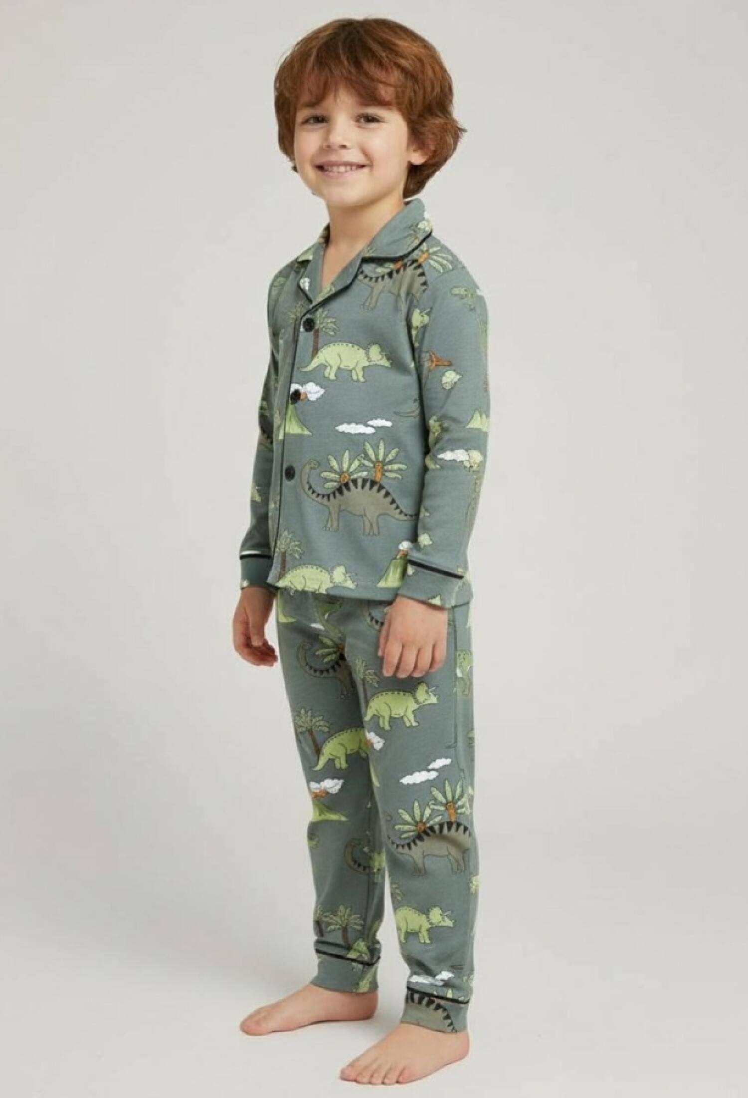 Dinozor Desenli Yakalı Düğmeli Erkek Pijama Takım - Brand: SÜPERMİNİ - Kids & Bby Clothes From Peralane Kids Turkey