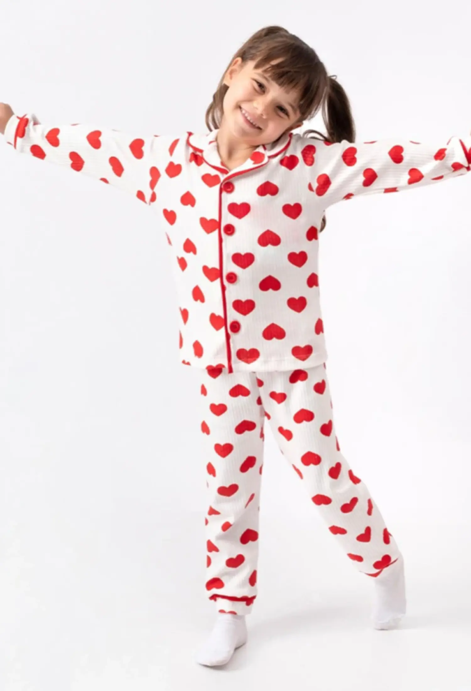 Kalp Desenli Yakalı Düğmeli Kız Pijama Takım - Brand: DOLAŞ - Kids & Bby Clothes From Peralane Kids Turkey