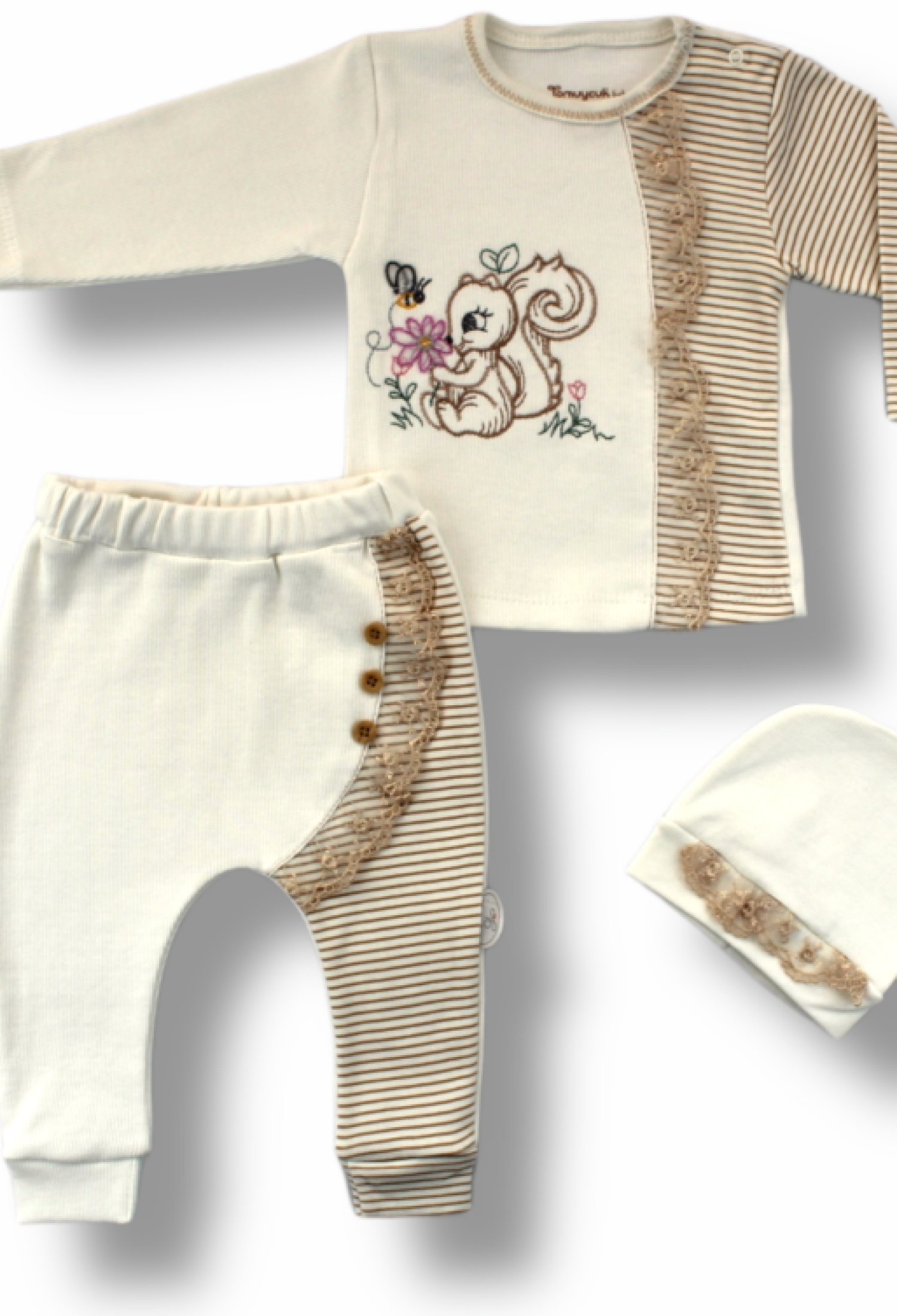 Toptan Kız Bebek 3'lü Body Pantolon ve Şapka Takım 1-12M 1074-75435 - 1074-75435 - Brand: Tomuycuk - Kids & Bby Clothes From Peralane Kids Turkey