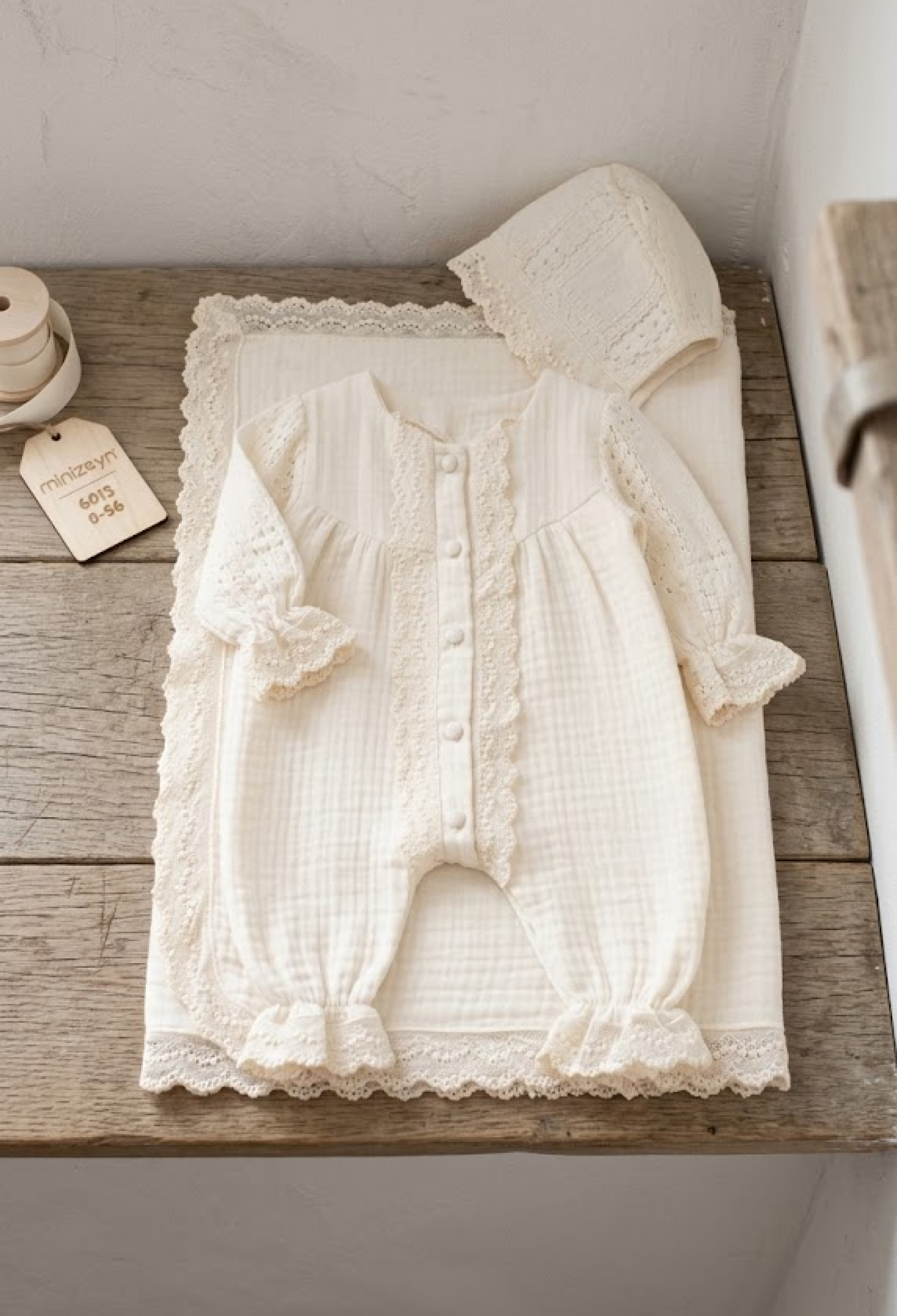 3-Piece Cream Baby Set with Lace Details - 22178