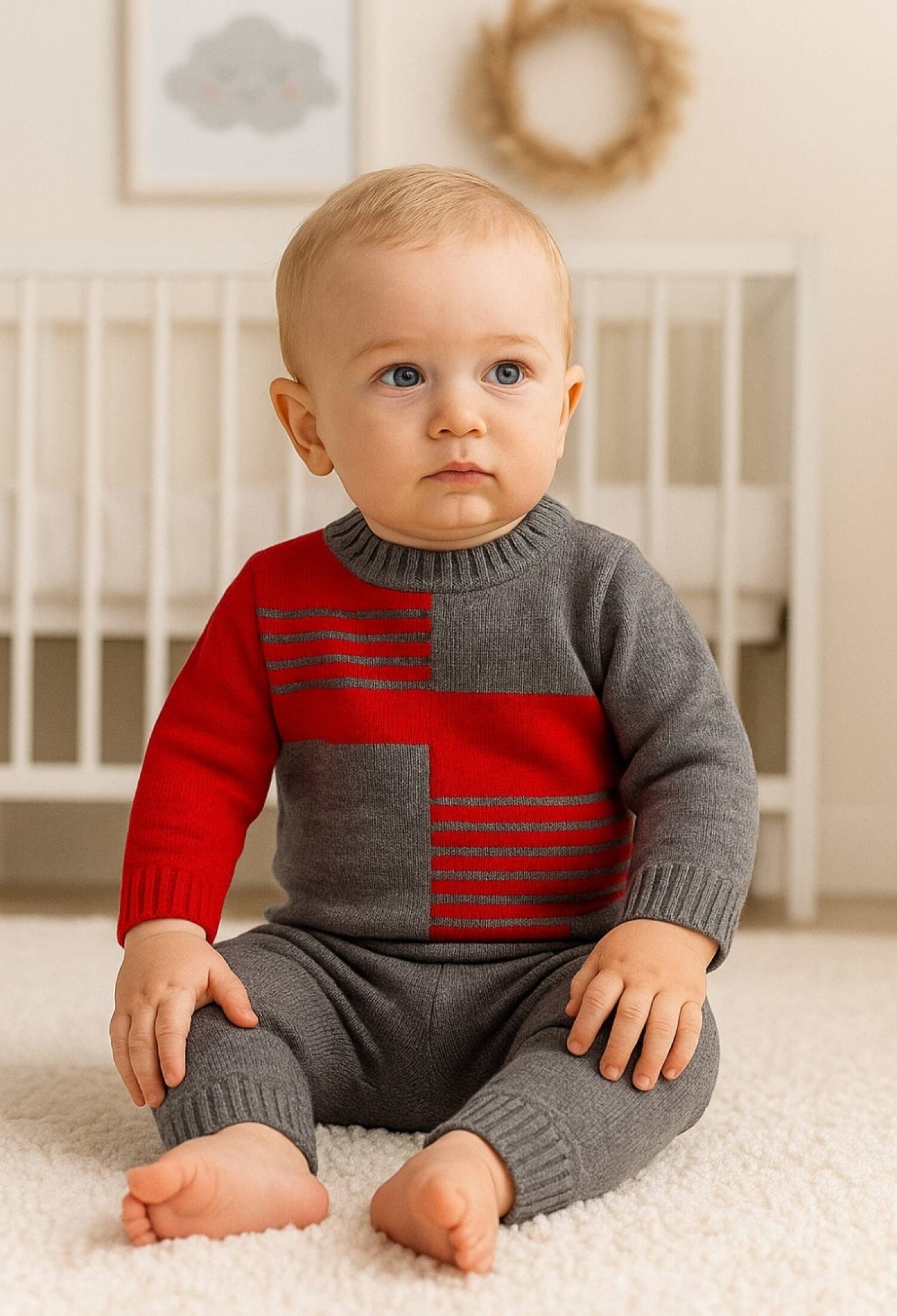 Knitted Baby Boy 2-Piece Set with Pattern - 1012