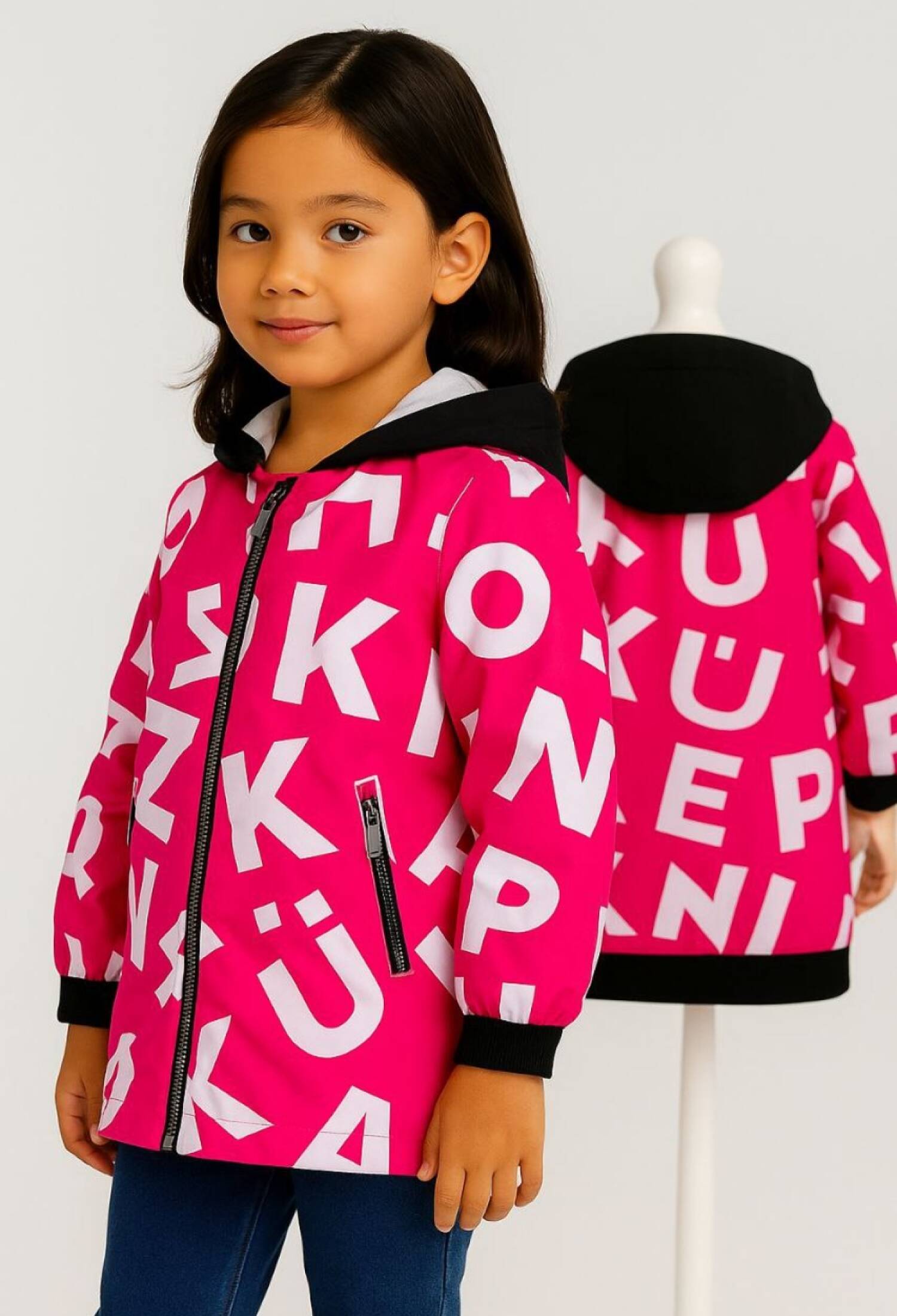 Girls' Fuchsia Letter Print Hooded Jacket