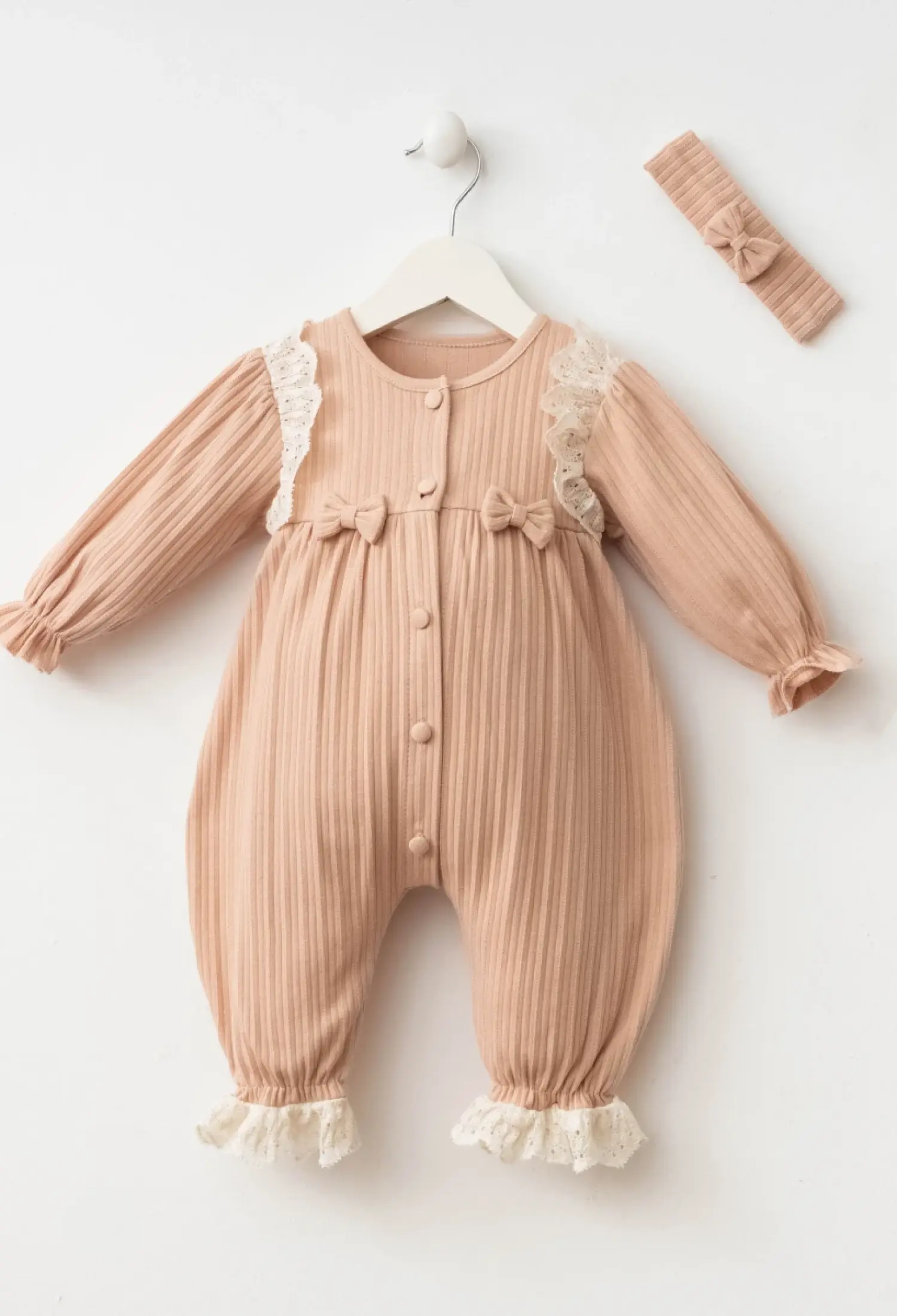 Ribbed Romper with Lace Trim and Bows