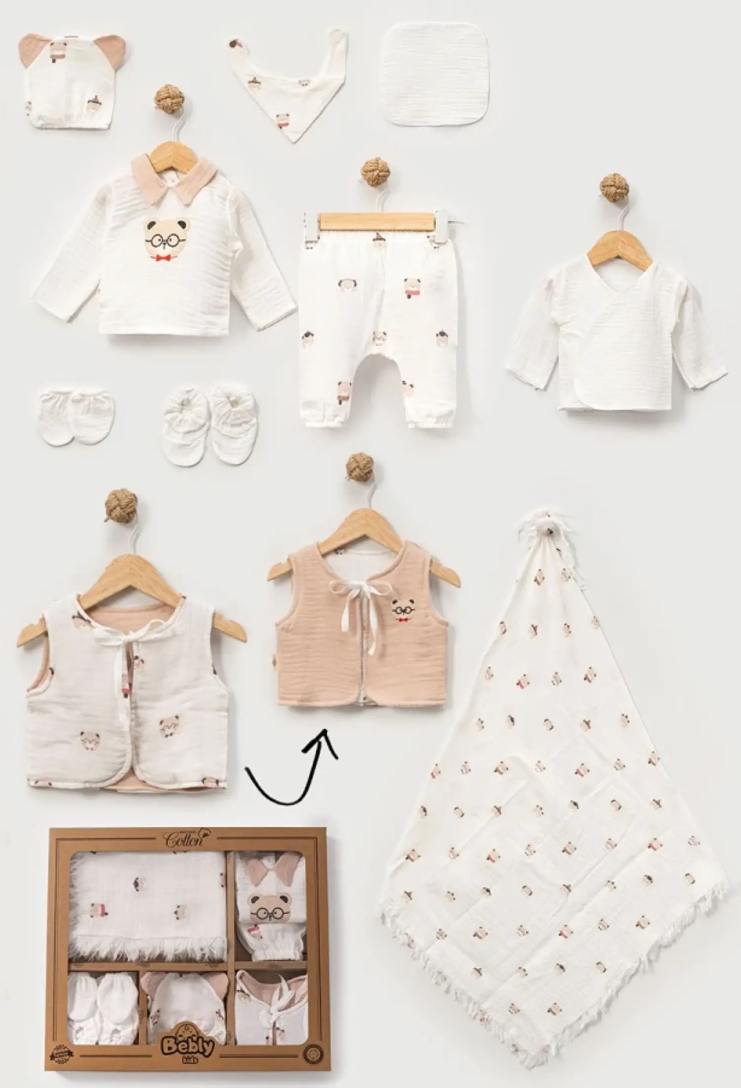 Ayıcık Baskılı 10lu Erkek Müslin Hastane Çıkışı Zıbın Set - Brand: BEBLY - Kids & Bby Clothes From Peralane Kids Turkey