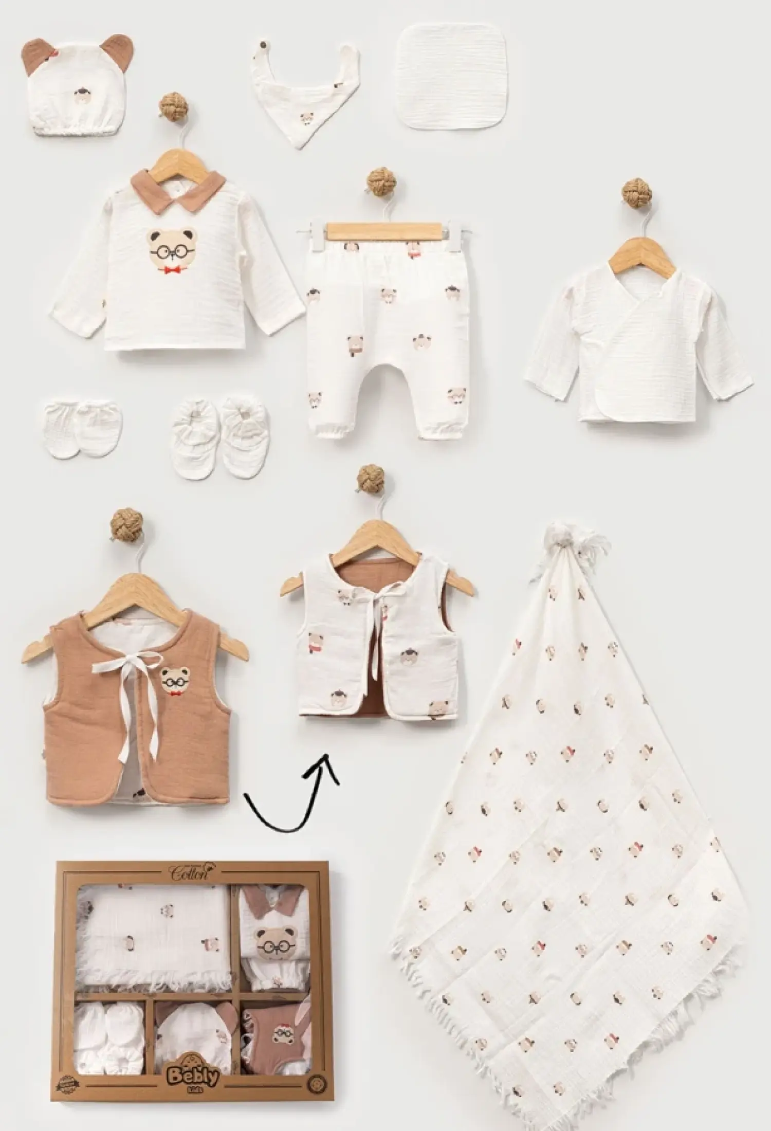 Ayıcık Baskılı 10lu Erkek Müslin Hastane Çıkışı Zıbın Set - Brand: BEBLY - Kids & Bby Clothes From Peralane Kids Turkey