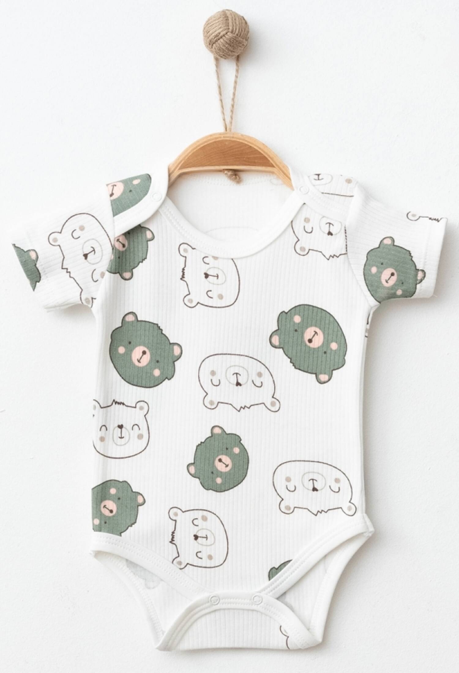 Teddy Bear Patterned Short-Sleeved Boys Snap-Button Bodysuit