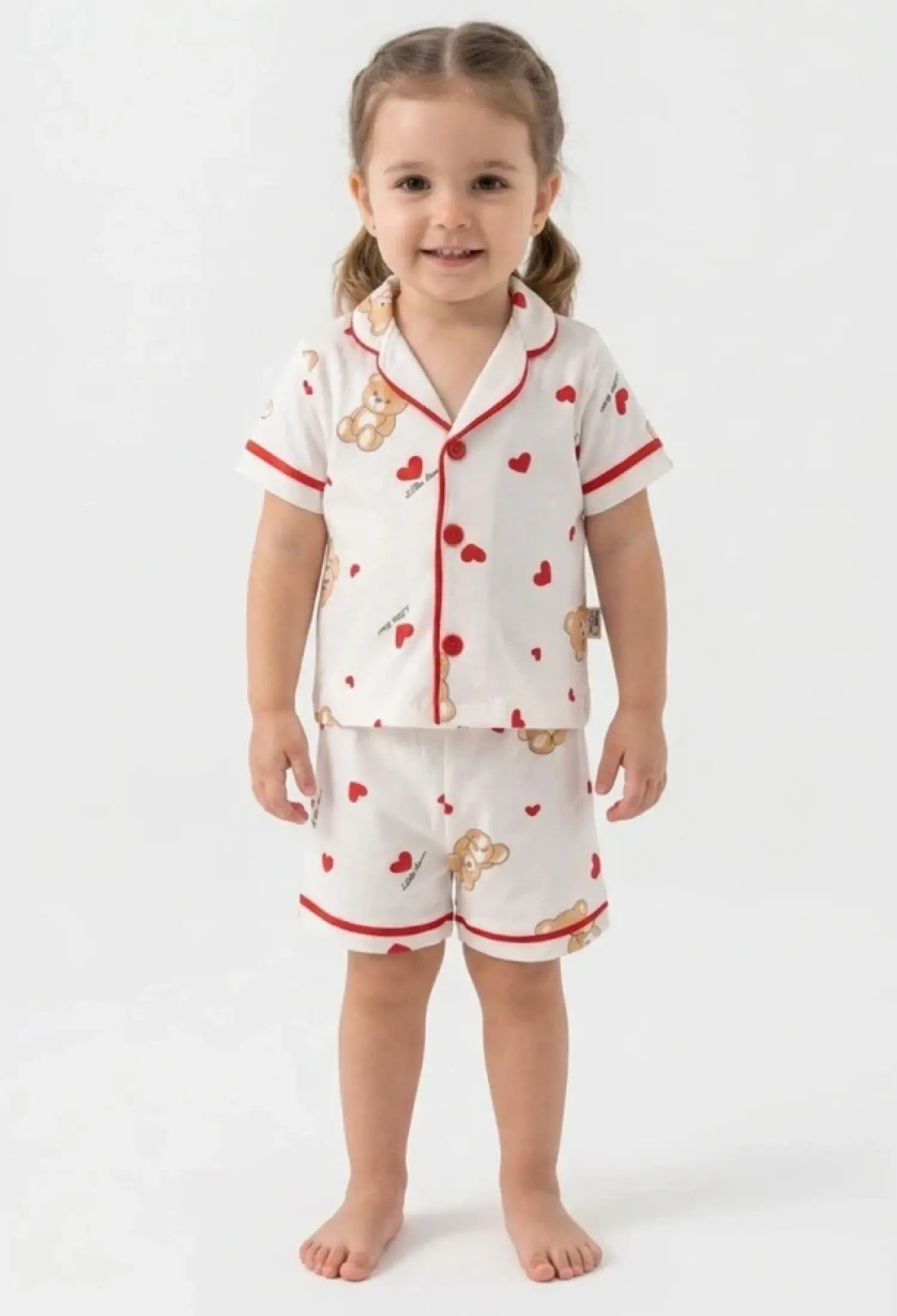 Ayıcık Kalp Desenli Yakalı Düğmeli Kız Pijama Takım - Brand: DOLAŞ - Kids & Bby Clothes From Peralane Kids Turkey