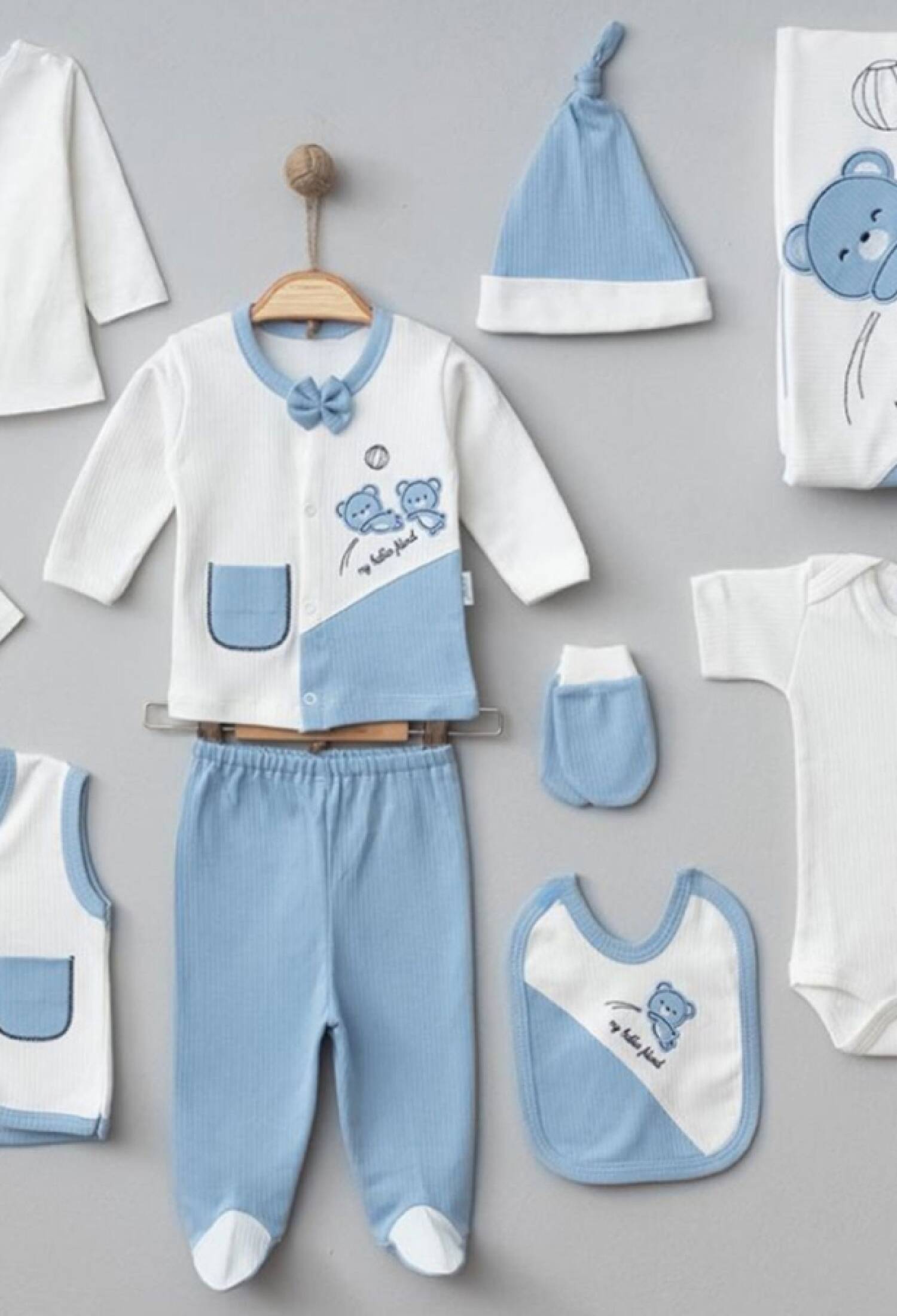 Ayıcık Nakışlı 10lu Erkek Hastane Çıkışı Zıbın Set - Brand: ZIPIR - Kids & Bby Clothes From Peralane Kids Turkey