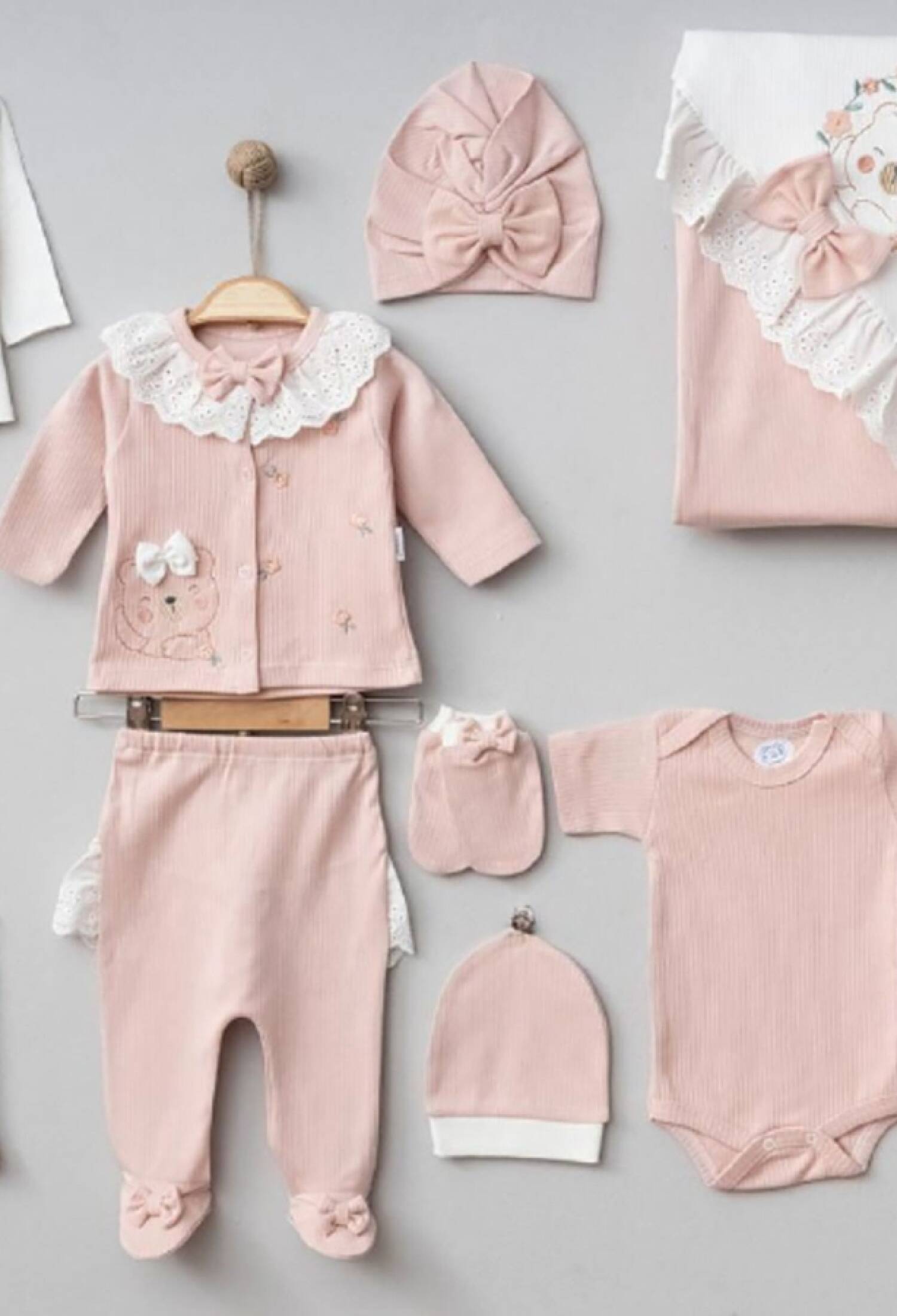 Ayıcık Nakışlı 10lu Kız Hastane Çıkışı Zıbın Set - Brand: ZIPIR - Kids & Bby Clothes From Peralane Kids Turkey