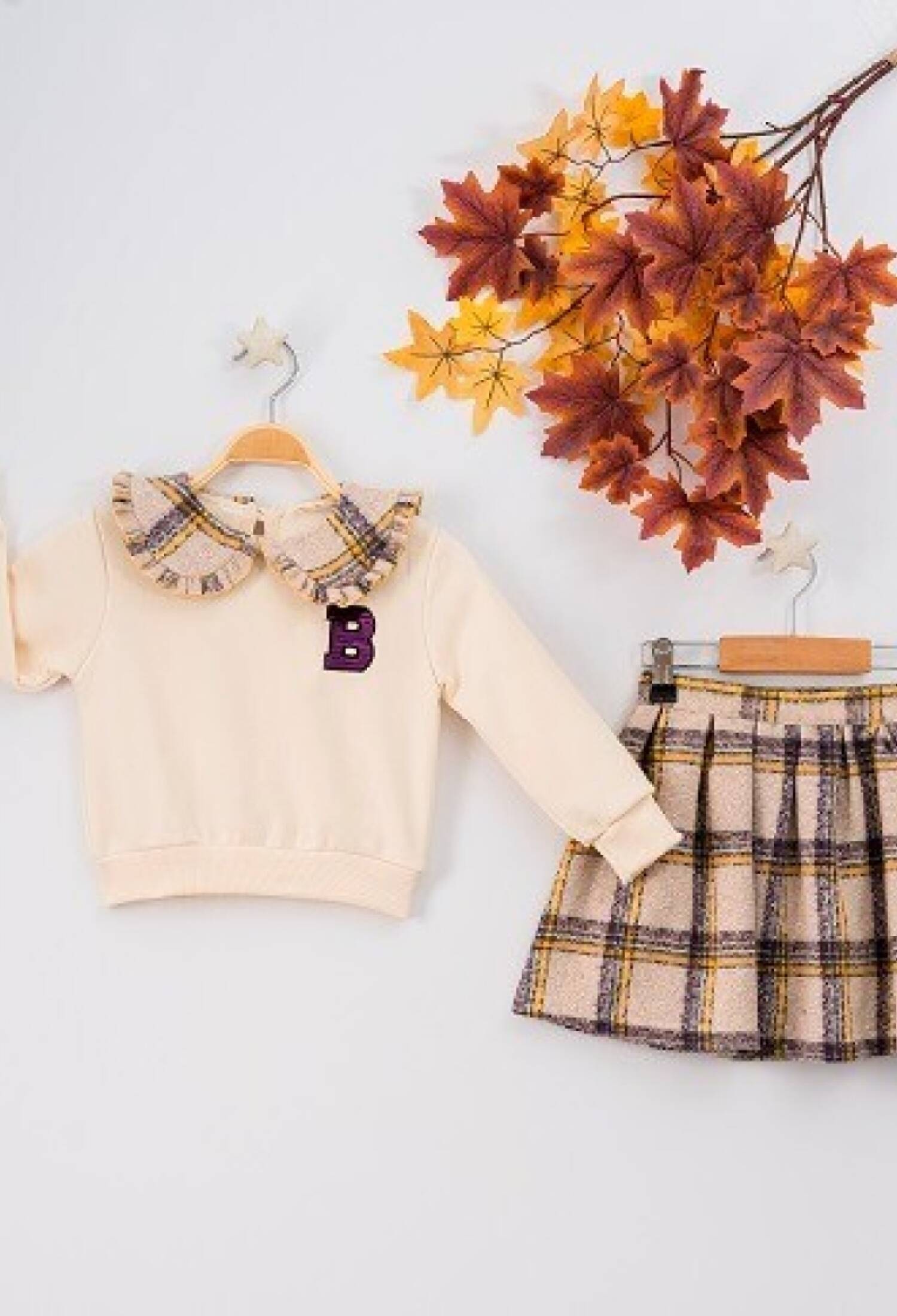 B Embroidered Plaid Skirt Set