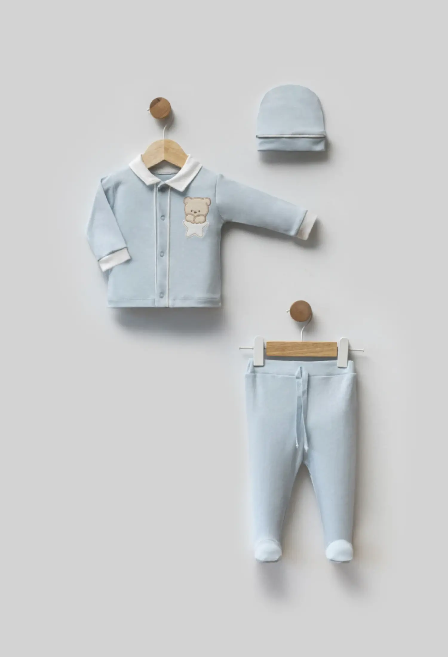 Baby Blue Bear Embroidered Footed Pajama Set with Hat