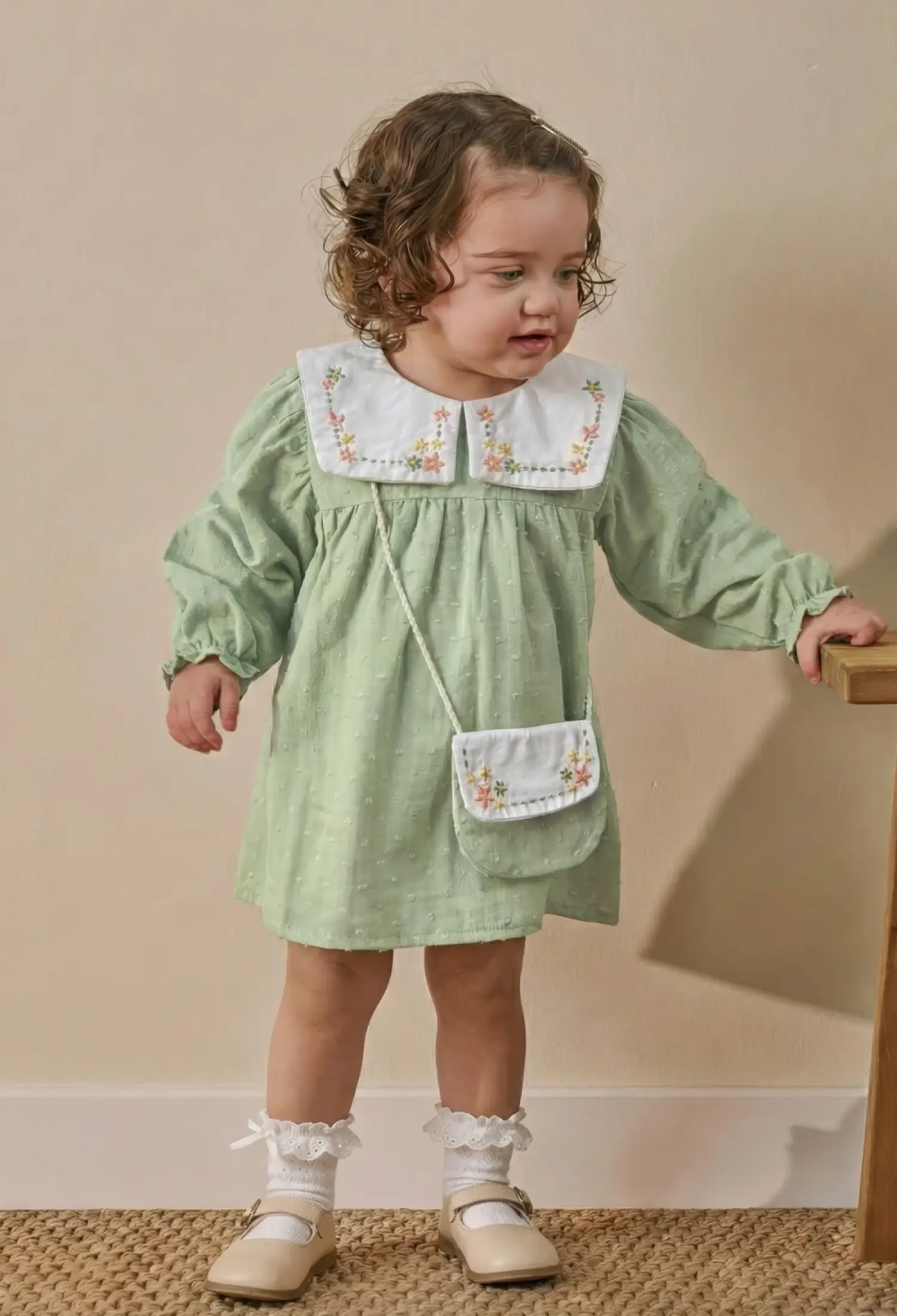 Baby Girls' Embroidered Muslin Dress with Peter Pan Collar & Matching Bag (6/9 Months - 2/3 Years) - T25122 - Brand: Miniloox - Kids & Bby Clothes From Peralane Kids Turkey