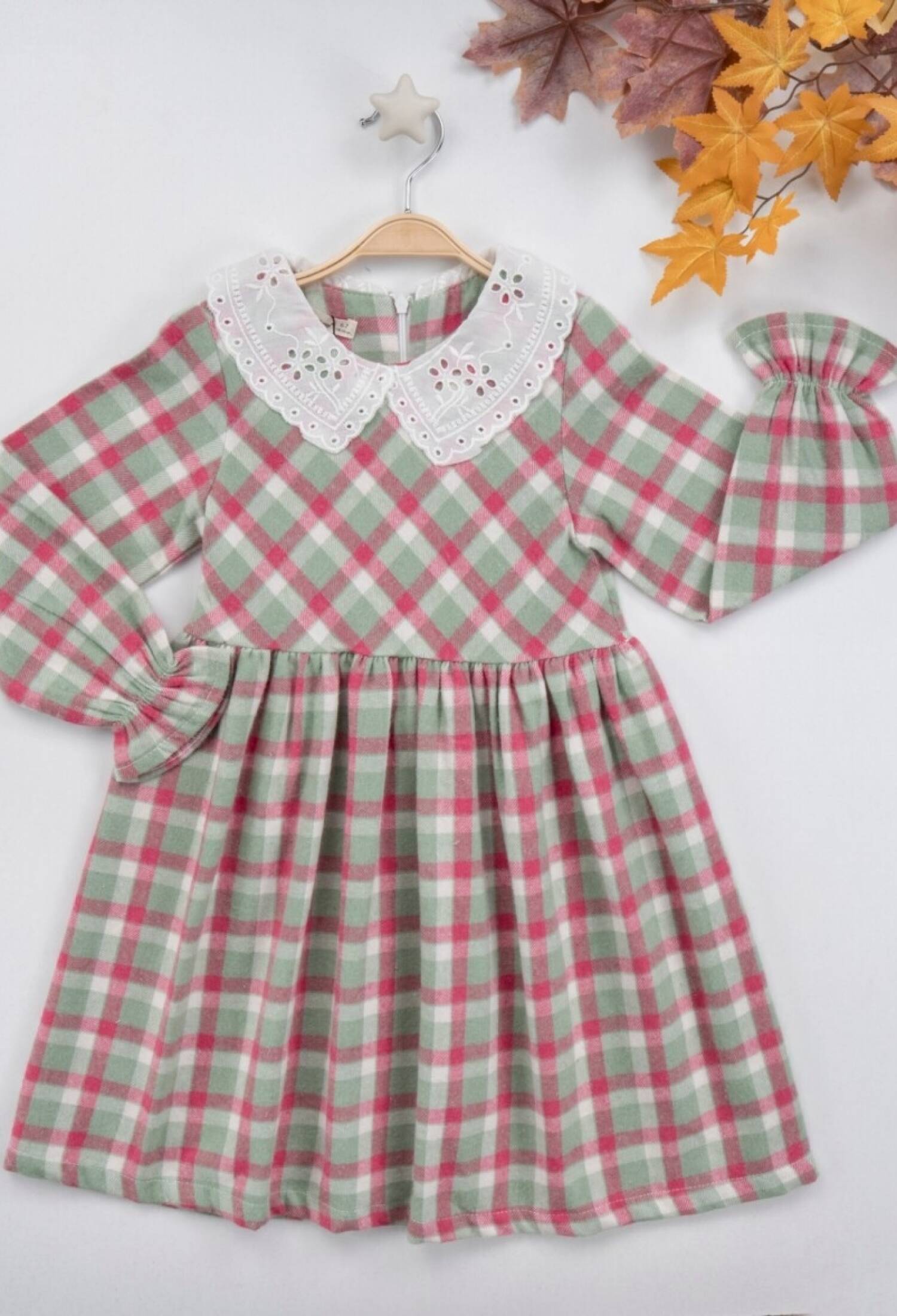 Embroidered Collar Plaid Dress