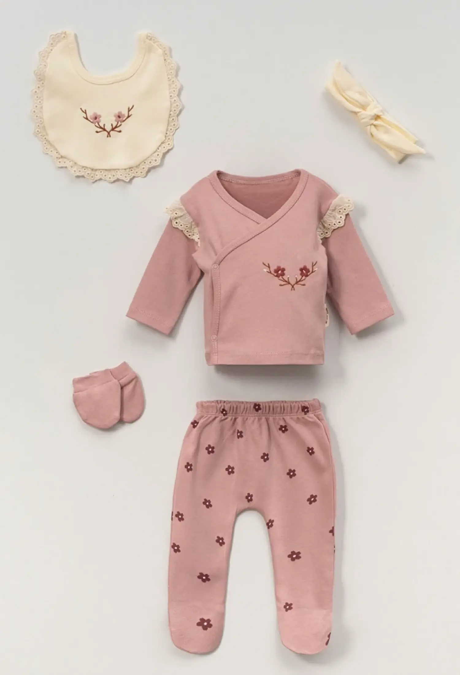 Çiçek Baskılı Kız Bebe 5li Hastane Çıkışı Zıbın Set - Brand: VOVİDO - Kids & Bby Clothes From Peralane Kids Turkey