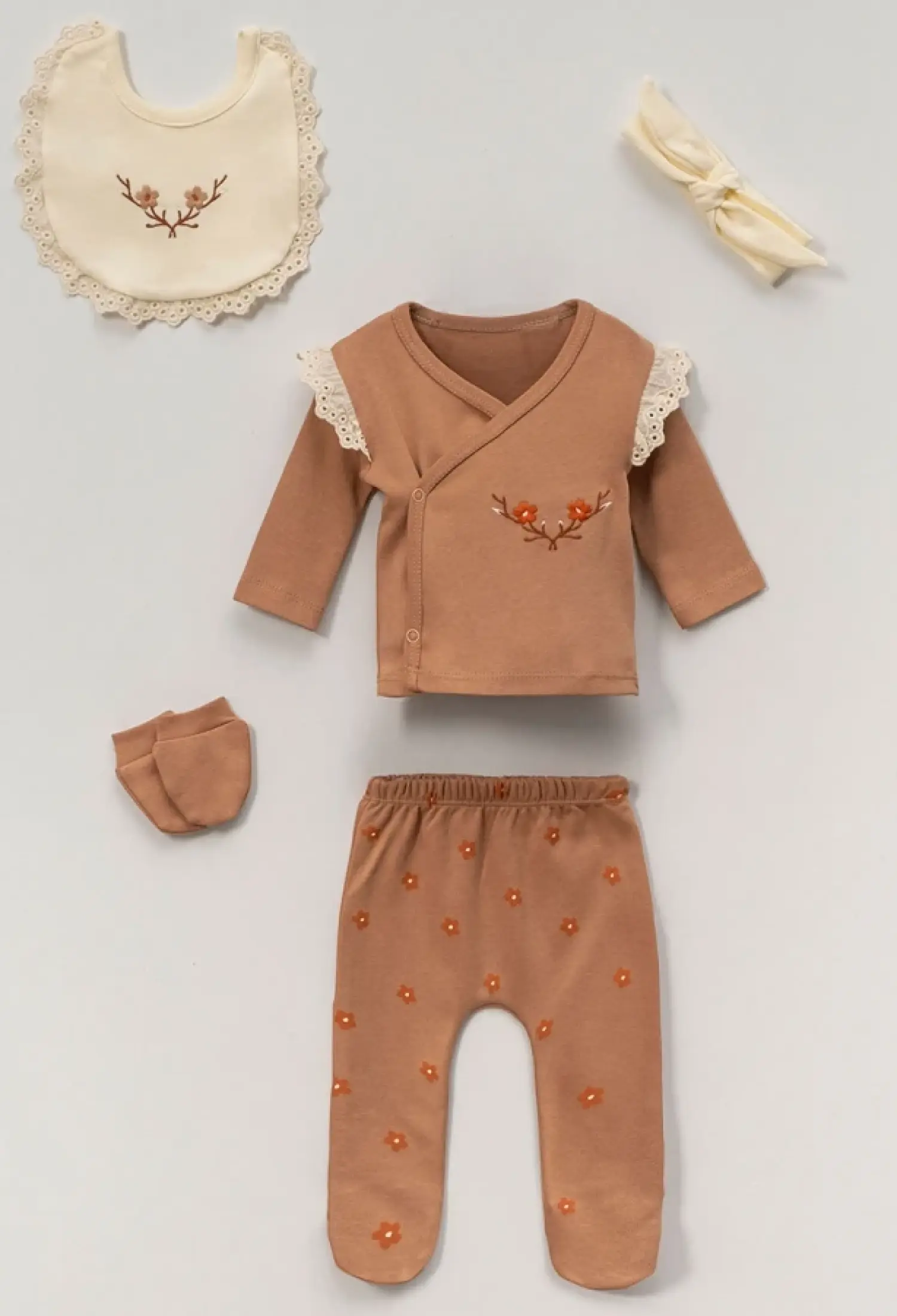 Çiçek Baskılı Kız Bebe 5li Hastane Çıkışı Zıbın Set - Brand: VOVİDO - Kids & Bby Clothes From Peralane Kids Turkey