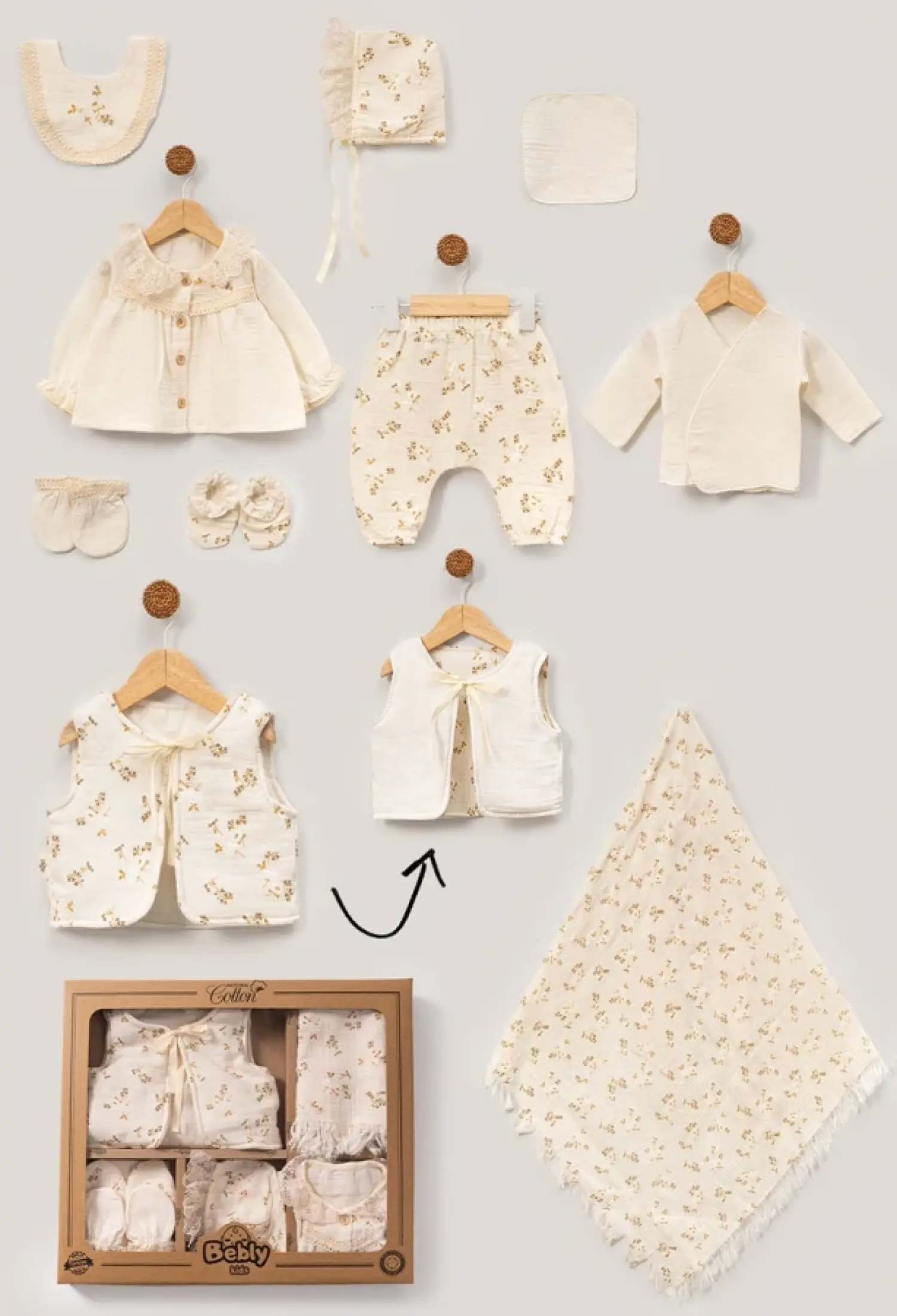 Çiçek Desenli 10lu Kız Müslin Hastane Çıkışı Zıbın Set - Brand: BEBLY - Kids & Bby Clothes From Peralane Kids Turkey